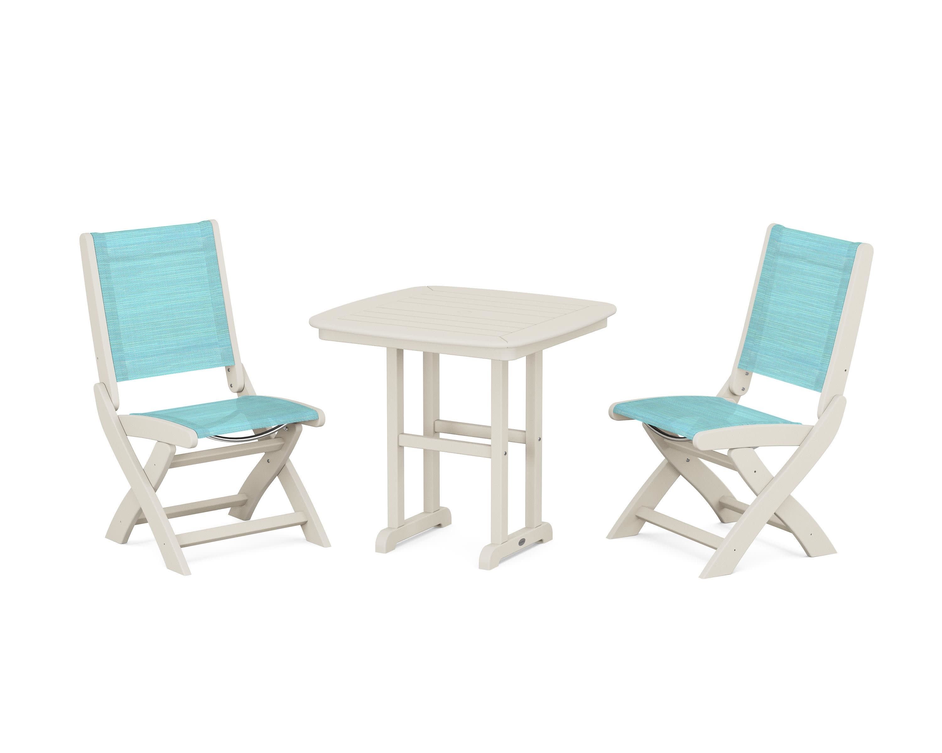 Coastal Folding Side Chair 3-Piece Dining Set in Sand / Dupioni Aquamarine Sling