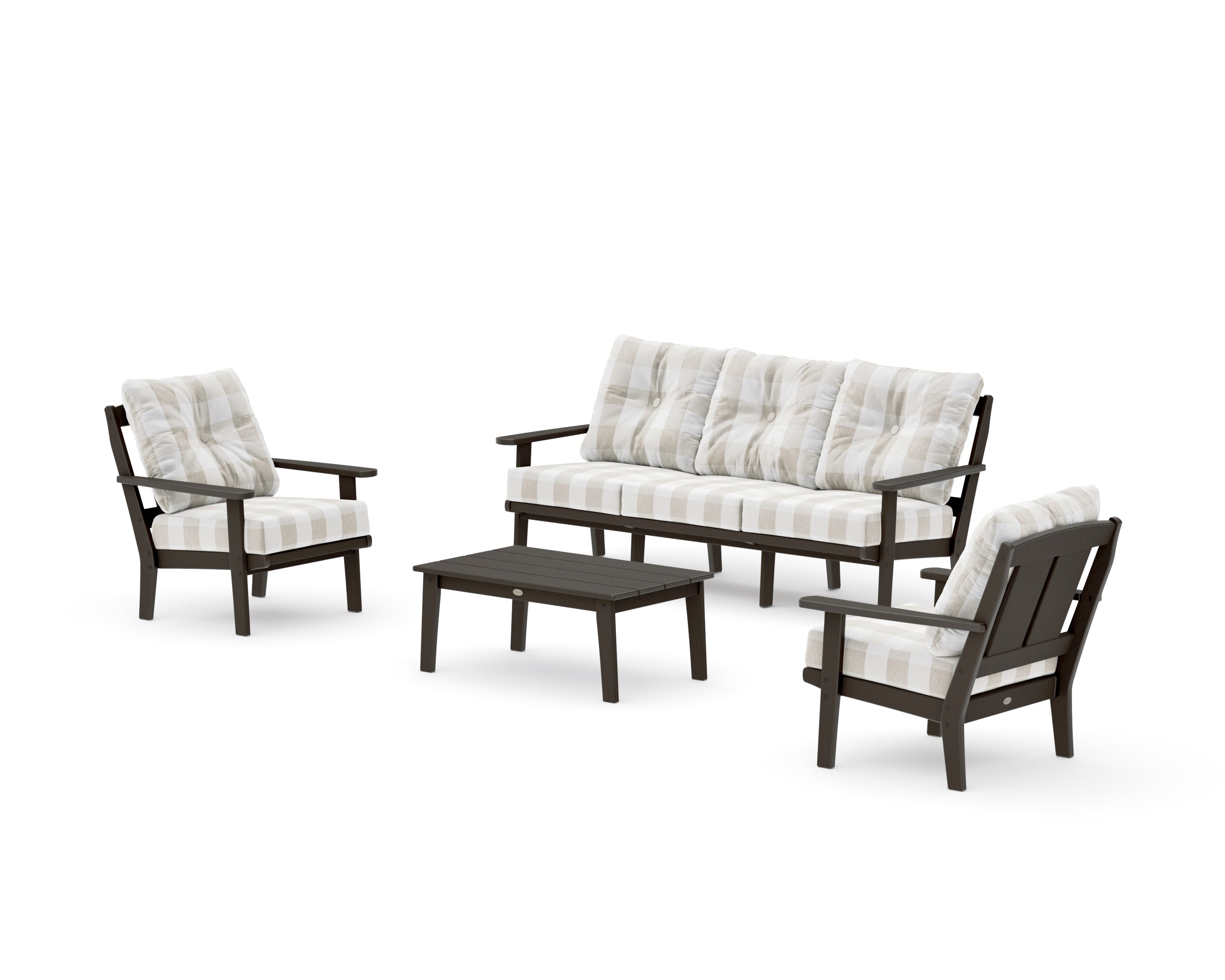 Mission 4-Piece Deep Seating Set with Sofa in Vintage Coffee / Buffalo Plaid Dune Burlap