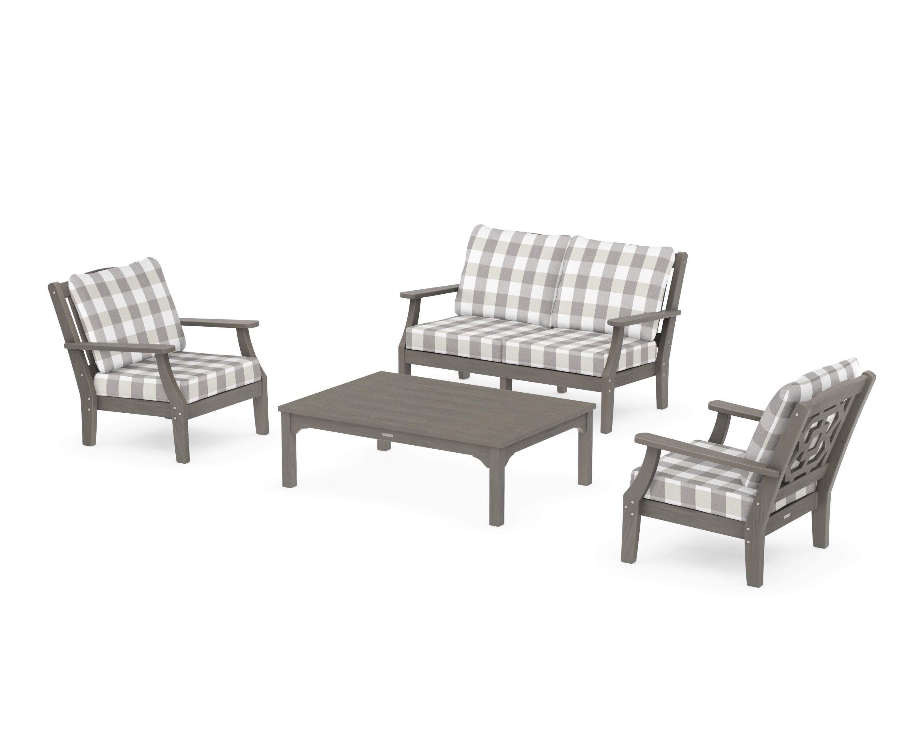 Chinoiserie 4-Piece Deep Seating Set with Loveseat in Driftwood / Buffalo Plaid Grey Mist