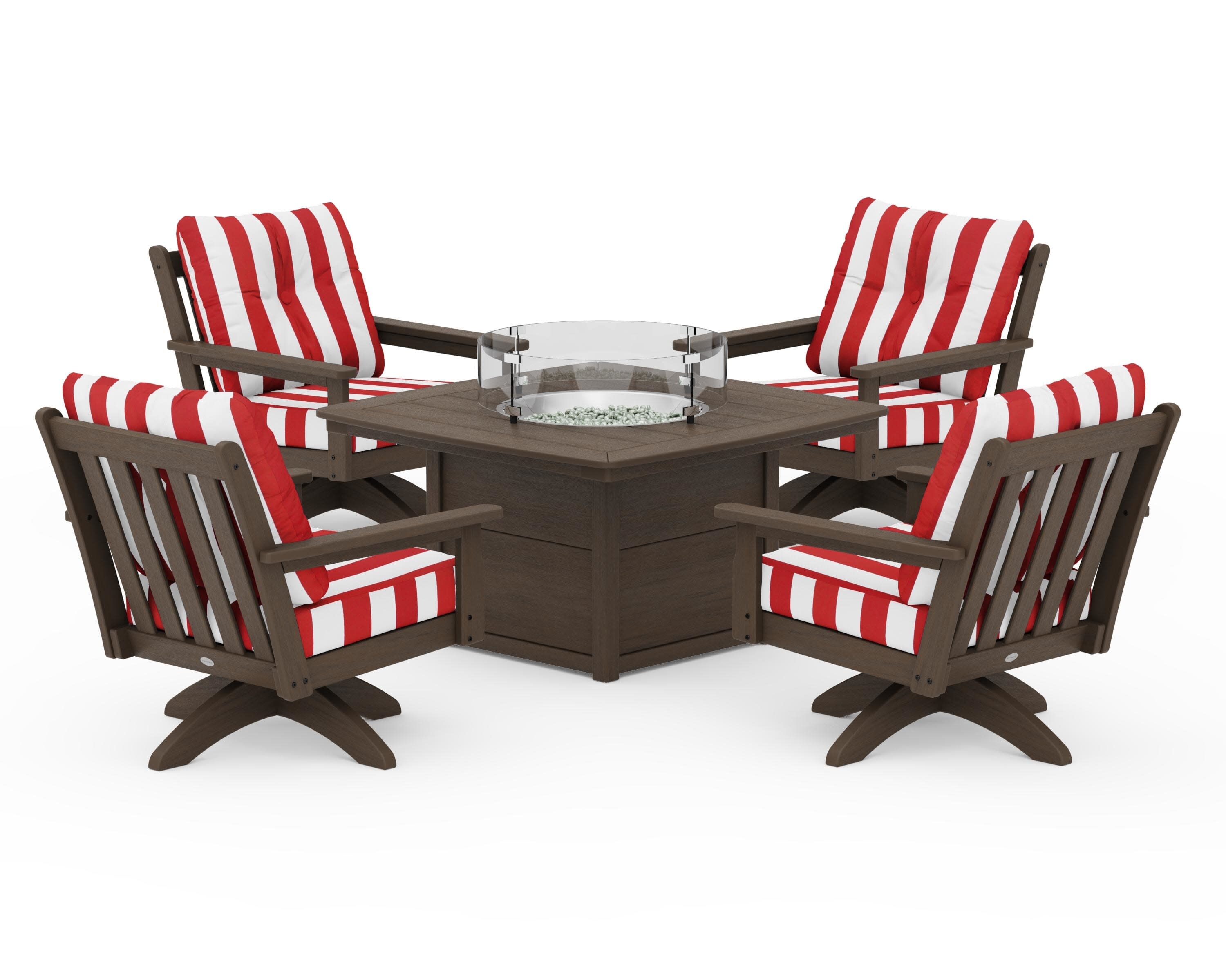 Vineyard 5-Piece Deep Seating Swivel Conversation Set with Fire Pit Table in Kona / Cabana Stripe Crimson