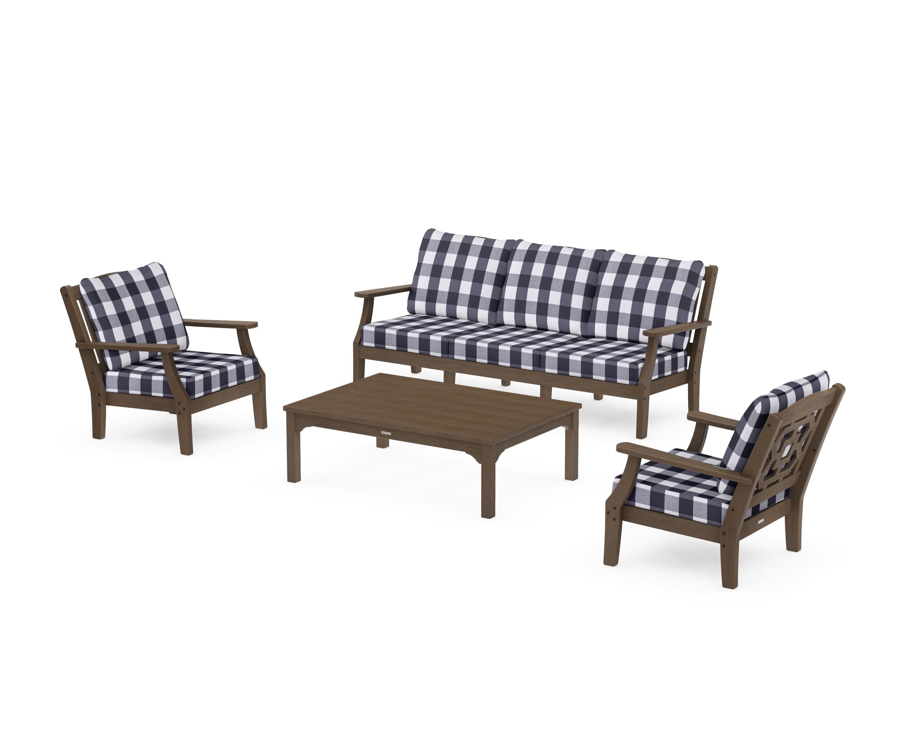 Chinoiserie 4-Piece Deep Seating Set with Sofa in Kona / Buffalo Plaid Navy
