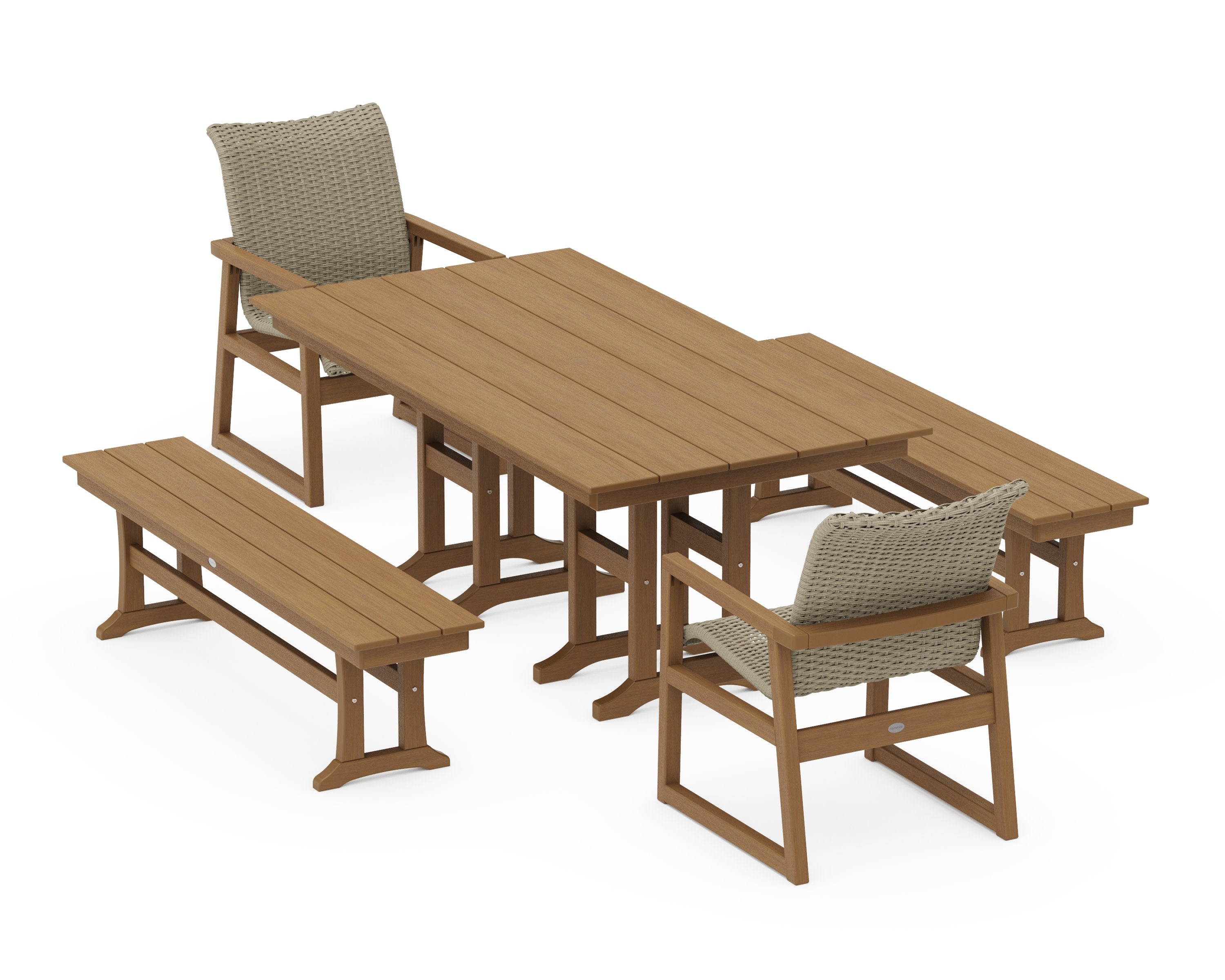 EDGE Woven 5-Piece Farmhouse Dining Set with Benches in Natural / Dune Grass