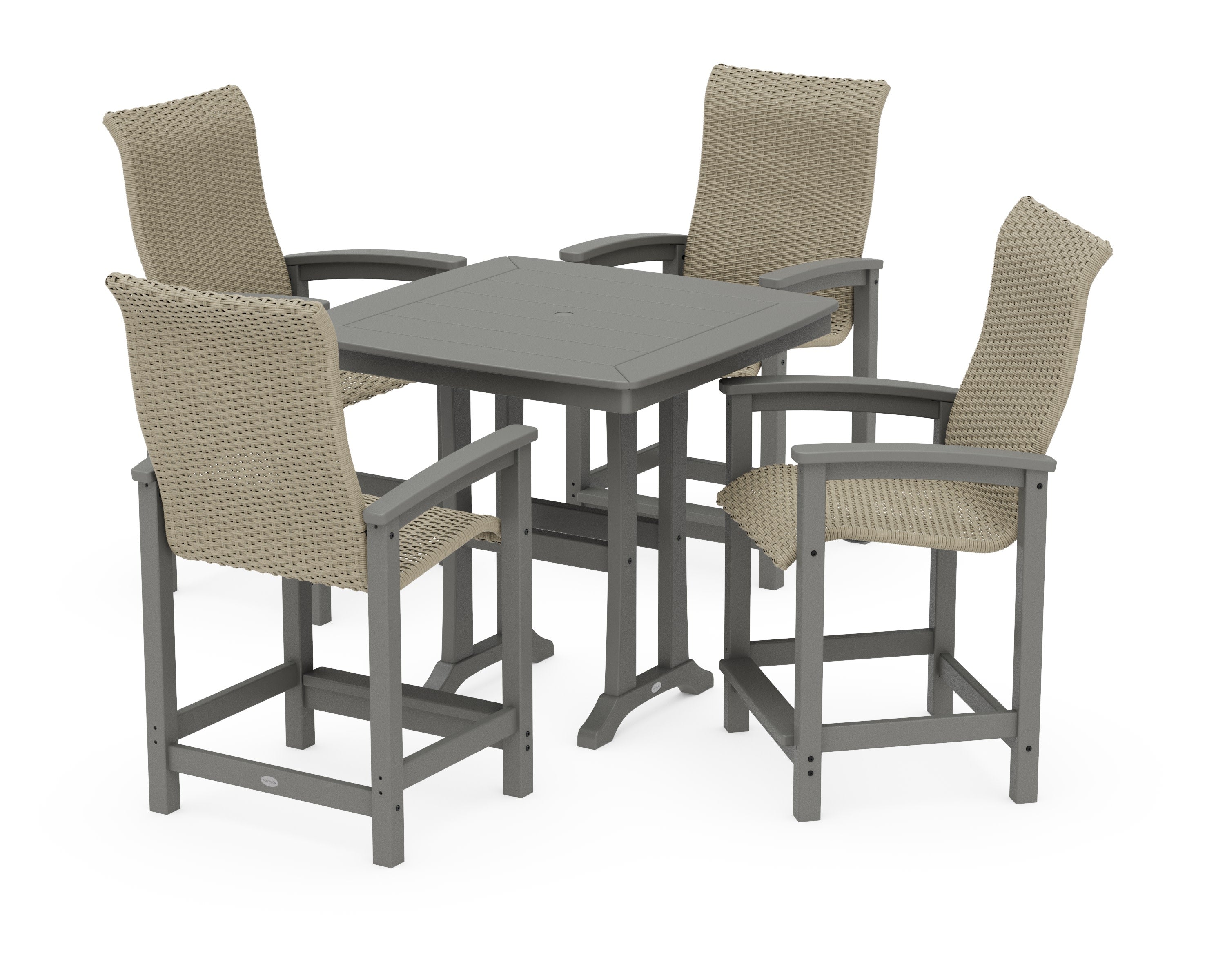 Coastal Woven High-Back 5-Piece Counter Set with Trestle Legs in Slate Grey / Dune Grass