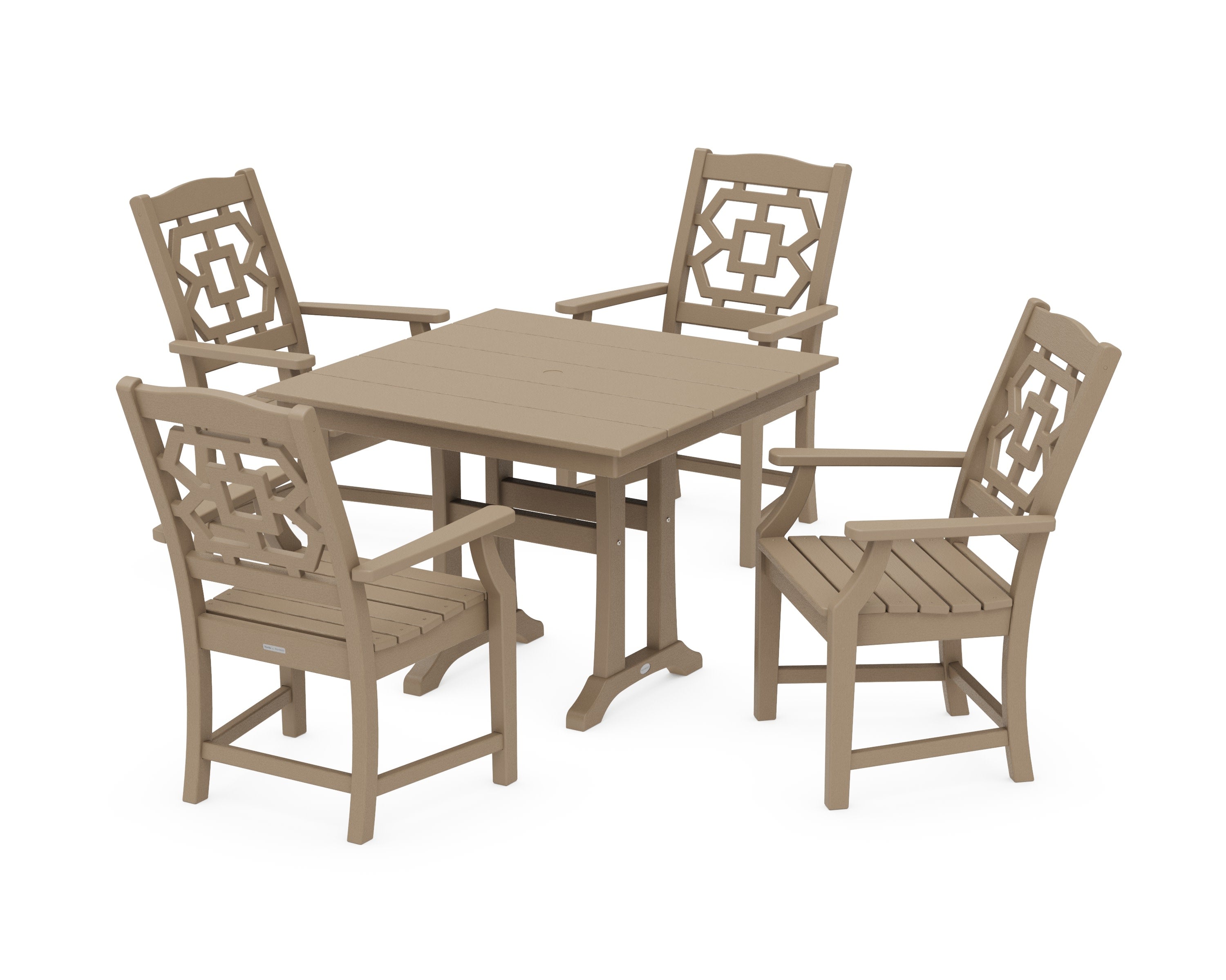 Chinoiserie 5-Piece Farmhouse Dining Set with Trestle Legs in Vintage Sahara