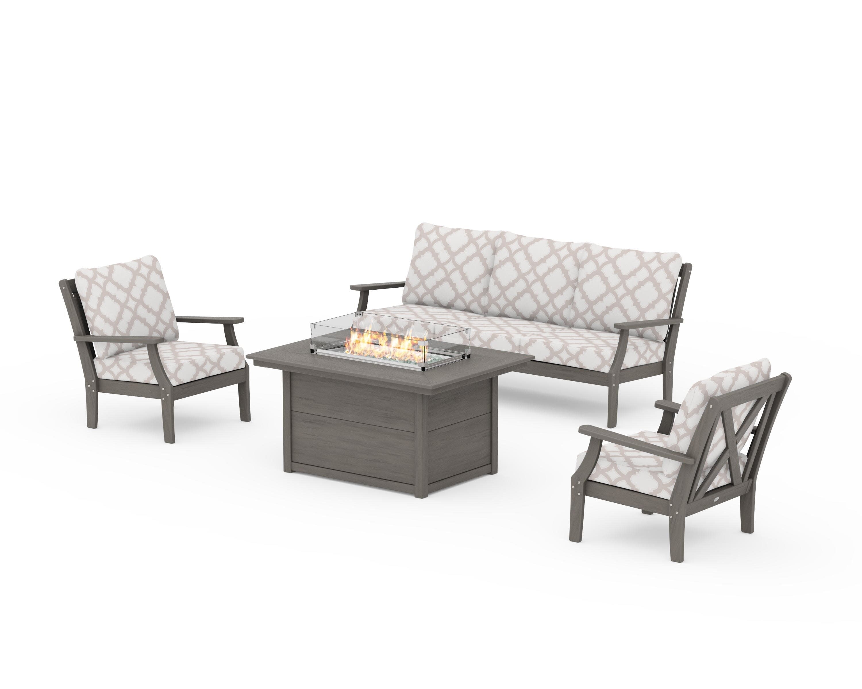 Braxton Deep Seating Fire Pit Table Set in Driftwood / Trellis Dune Burlap