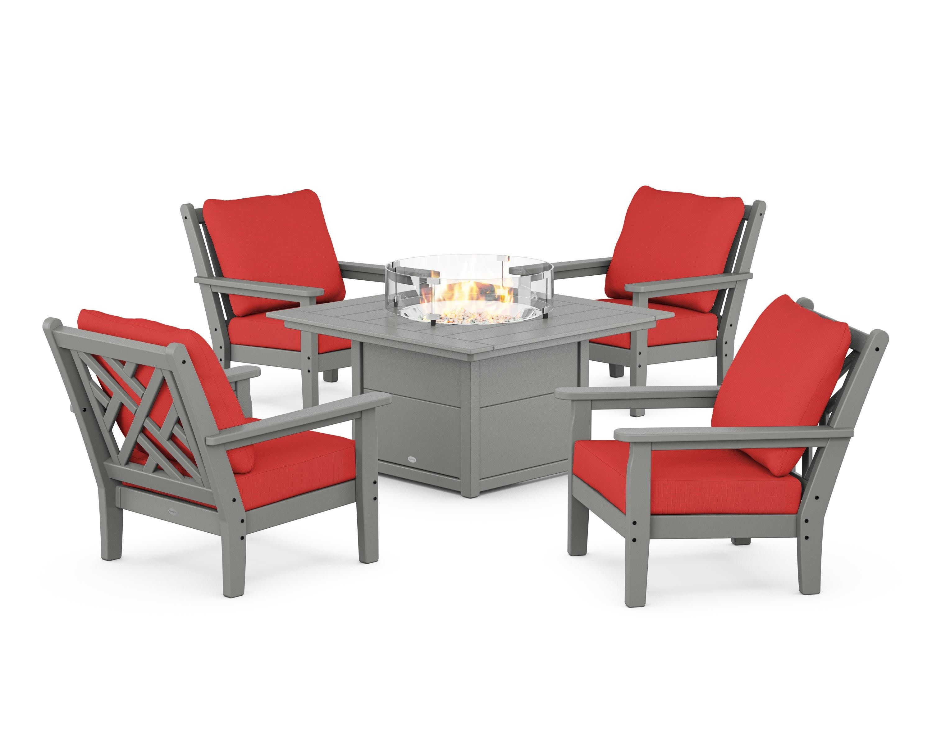Chippendale 5-Piece Deep Seating Set with Fire Pit Table in Slate Grey / Crimson Linen