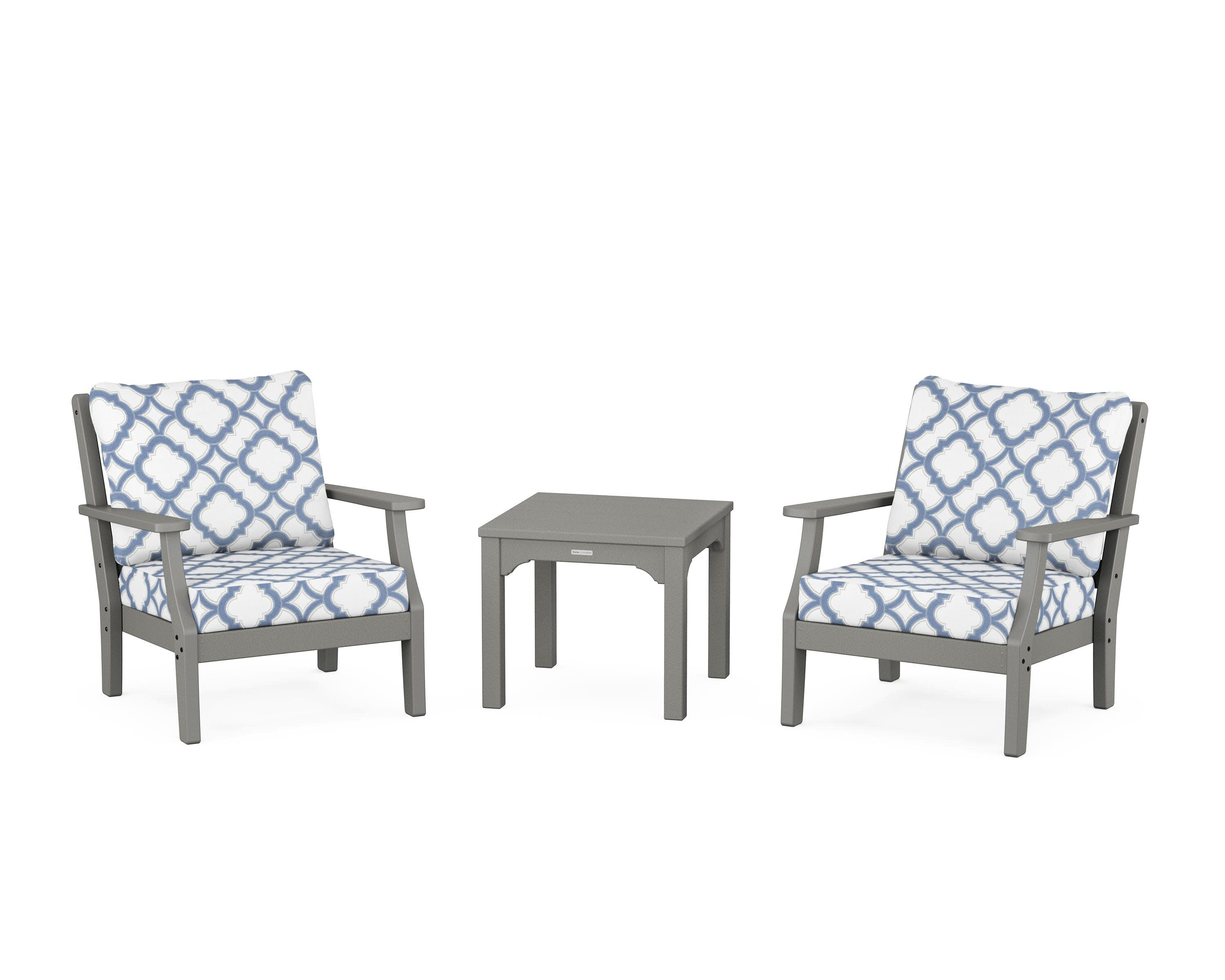 Chinoiserie 3-Piece Deep Seating Set in Slate Grey / Trellis Sky Blue