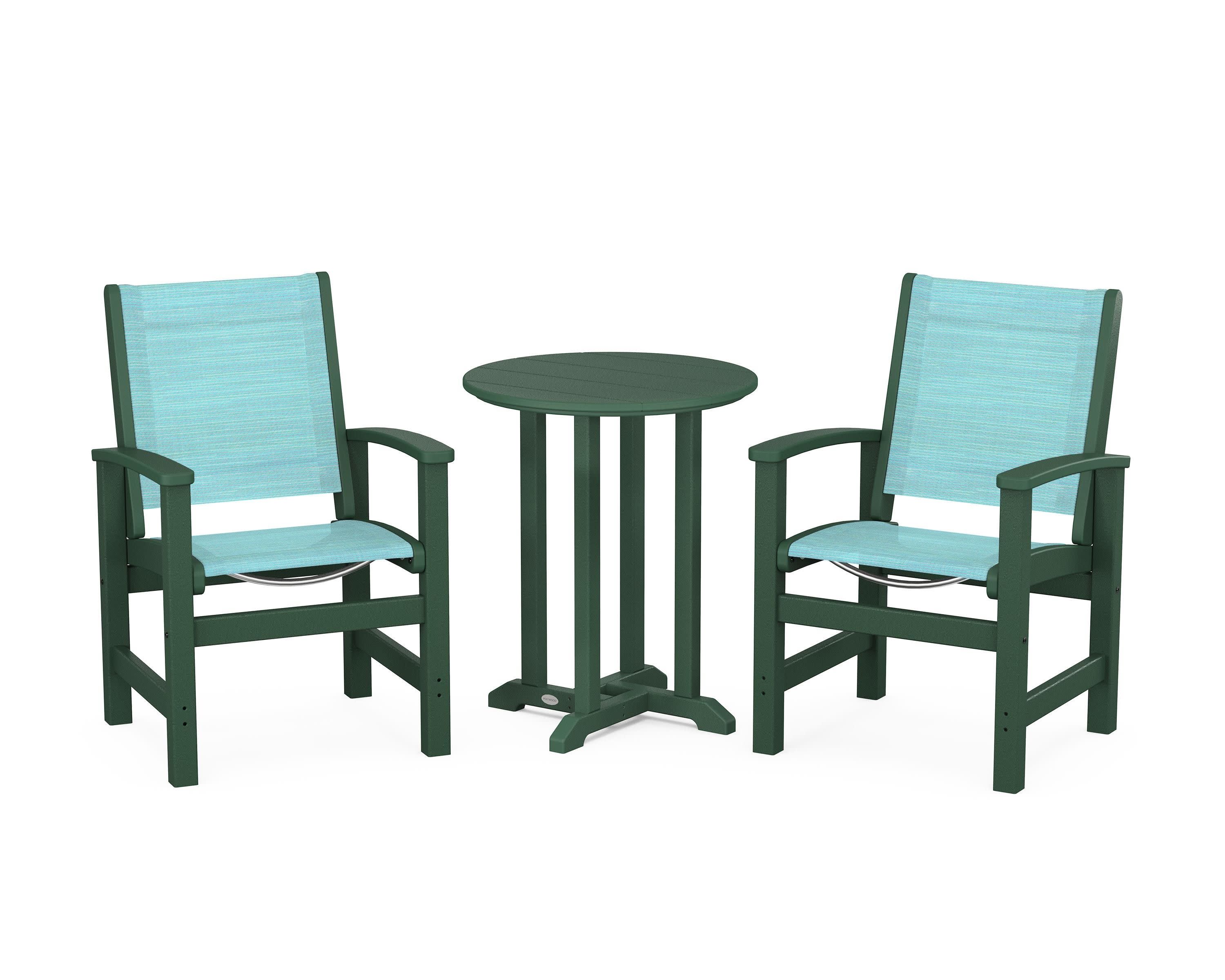 Coastal 3-Piece Round Bistro Dining Set in Green / Dupioni Aquamarine Sling