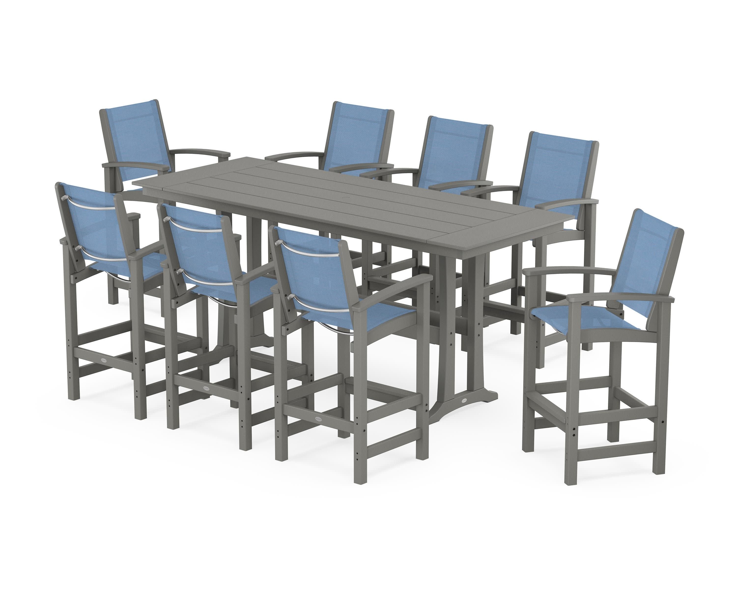 Coastal 9-Piece Farmhouse Bar Set with Trestle Legs in Slate Grey / Poolside Sling