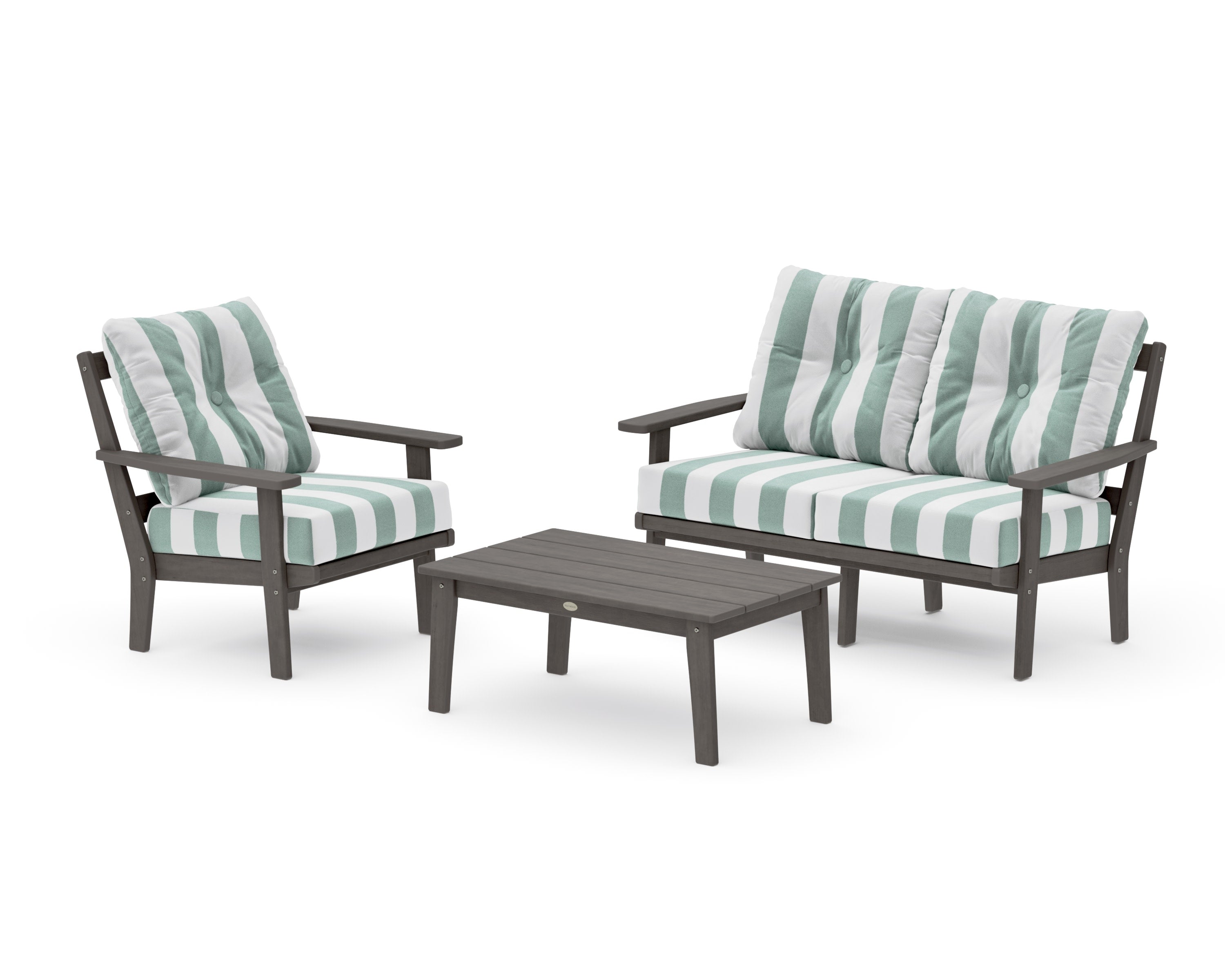 Prairie 3-Piece Deep Seating Set with Loveseat in Driftwood / Cabana Stripe Glacier Spa