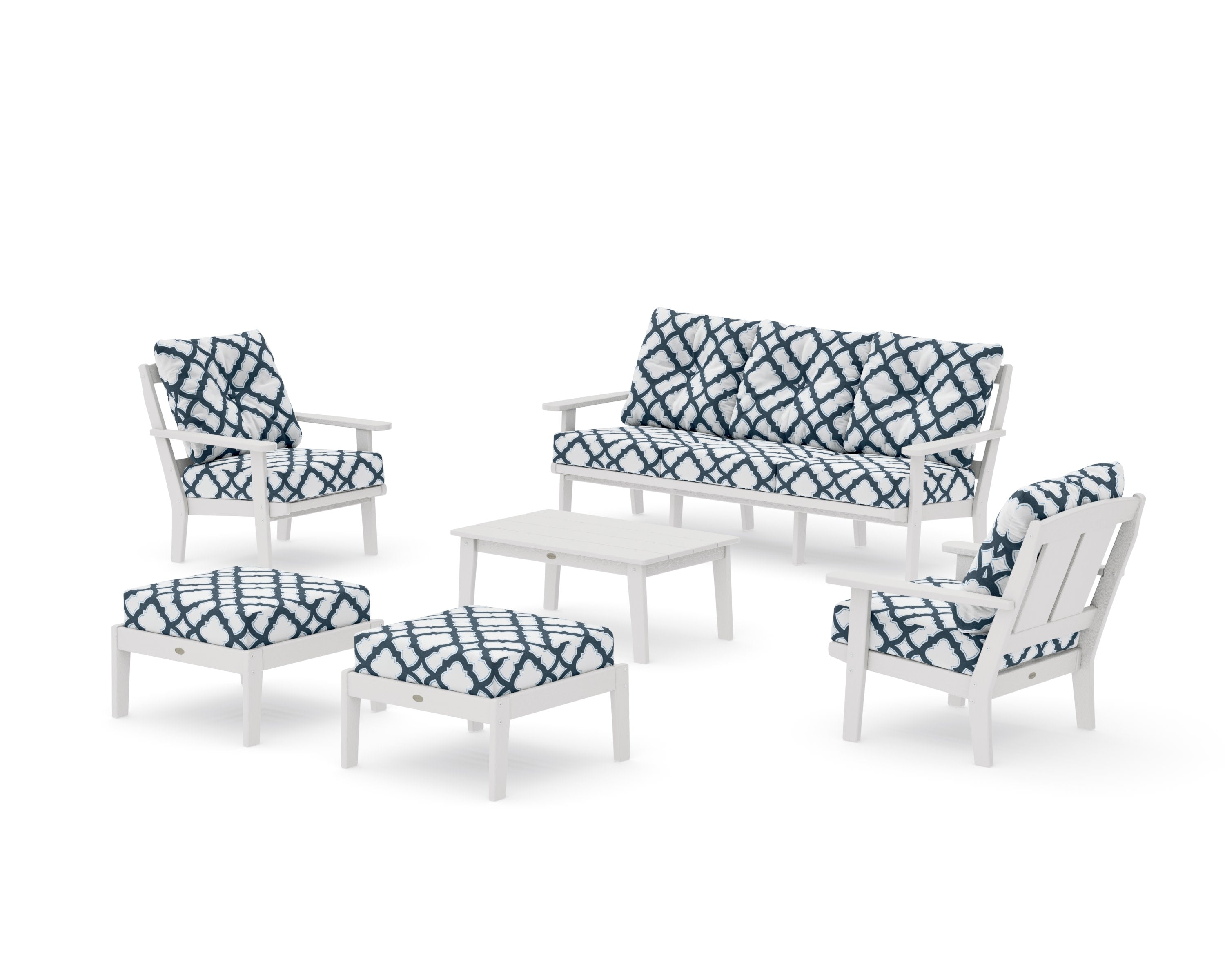 Mission 6-Piece Lounge Sofa Set in Vintage White / Trellis Marine Indigo