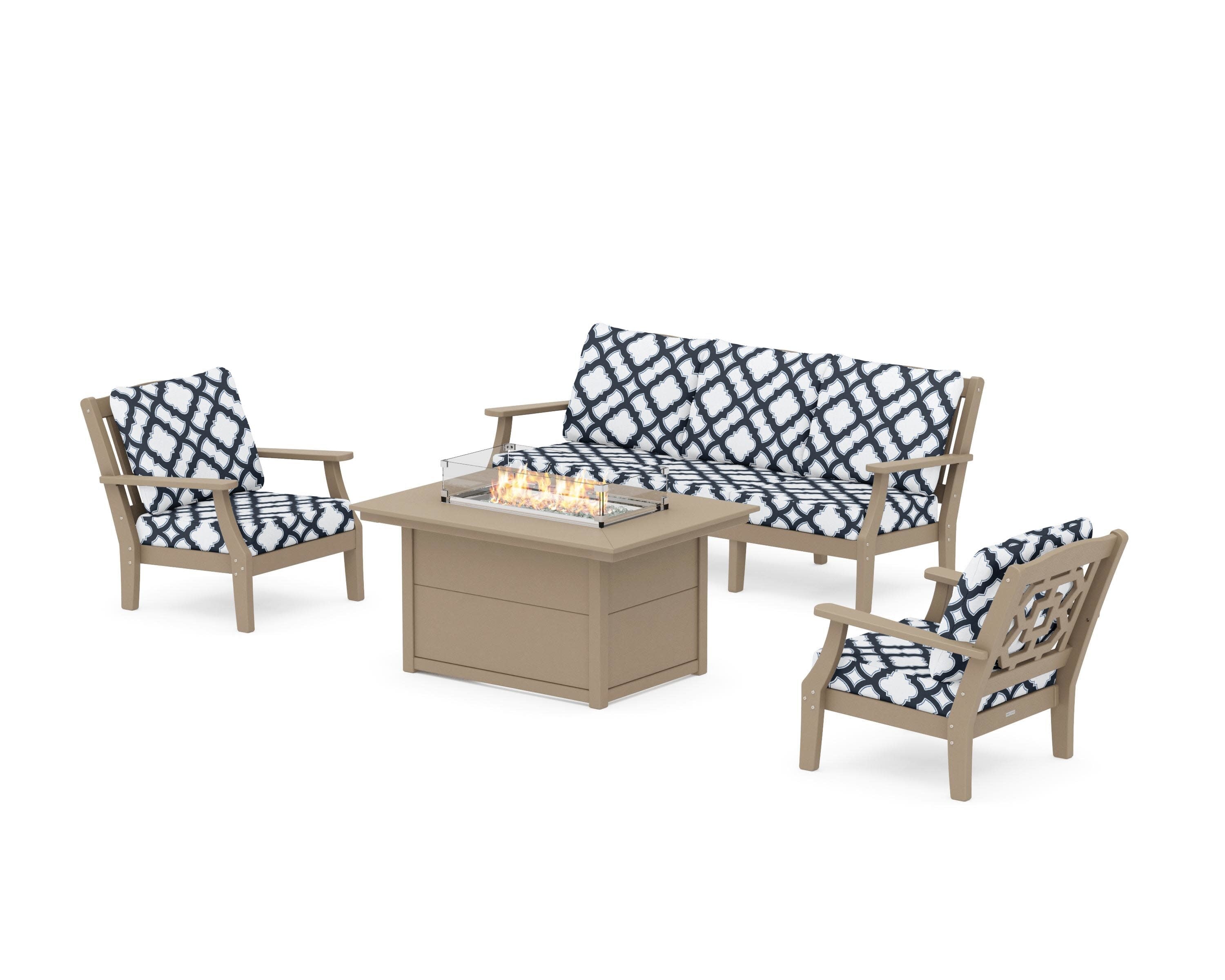 Chinoiserie Deep Seating Fire Pit Table Set in Vintage Sahara / Trellis Marine Indigo