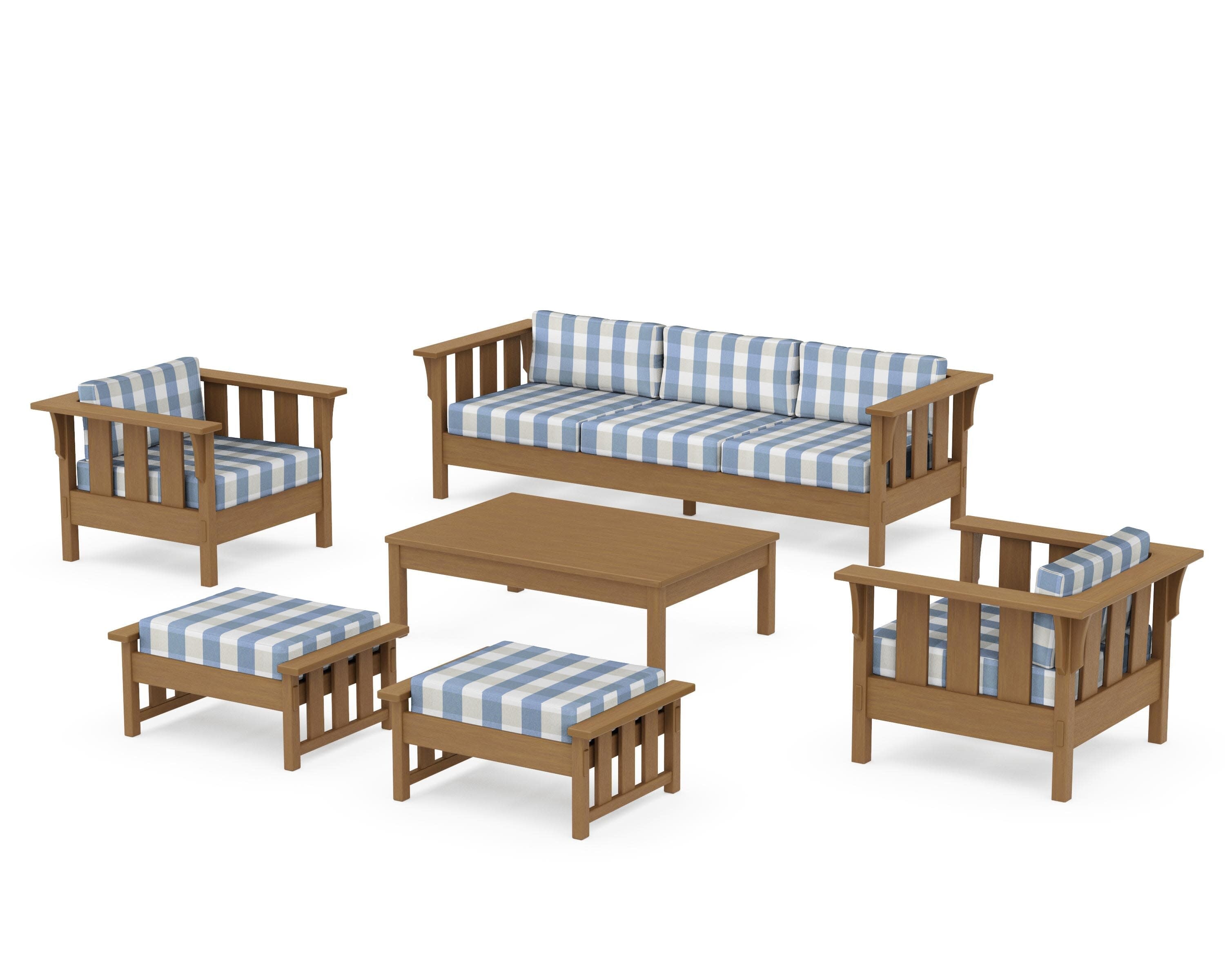 Acadia 6-Piece Lounge Sofa Set in Natural / Buffalo Plaid Sky Blue