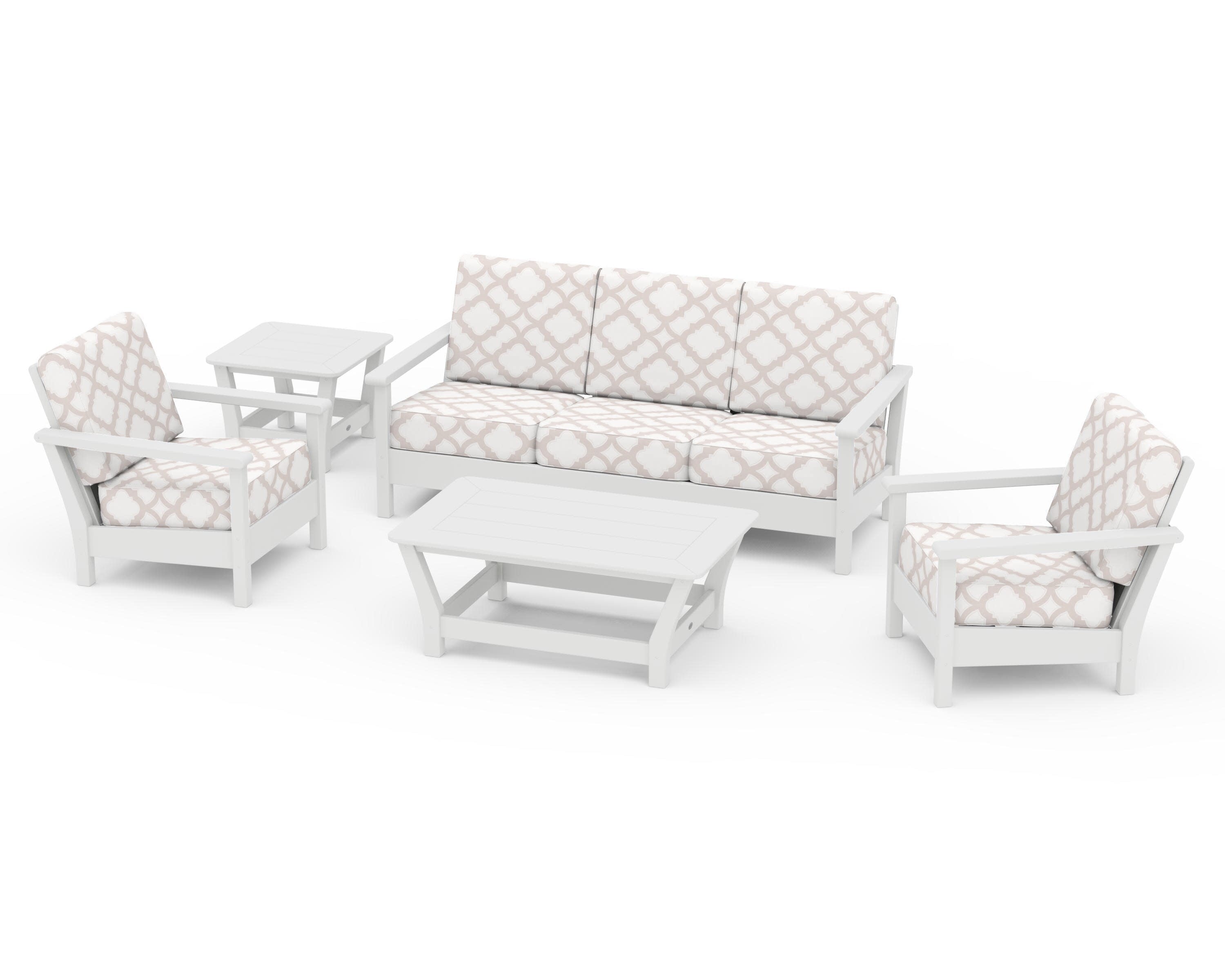 Harbour 5-Piece Deep Seating Set in White / Trellis Dune Burlap