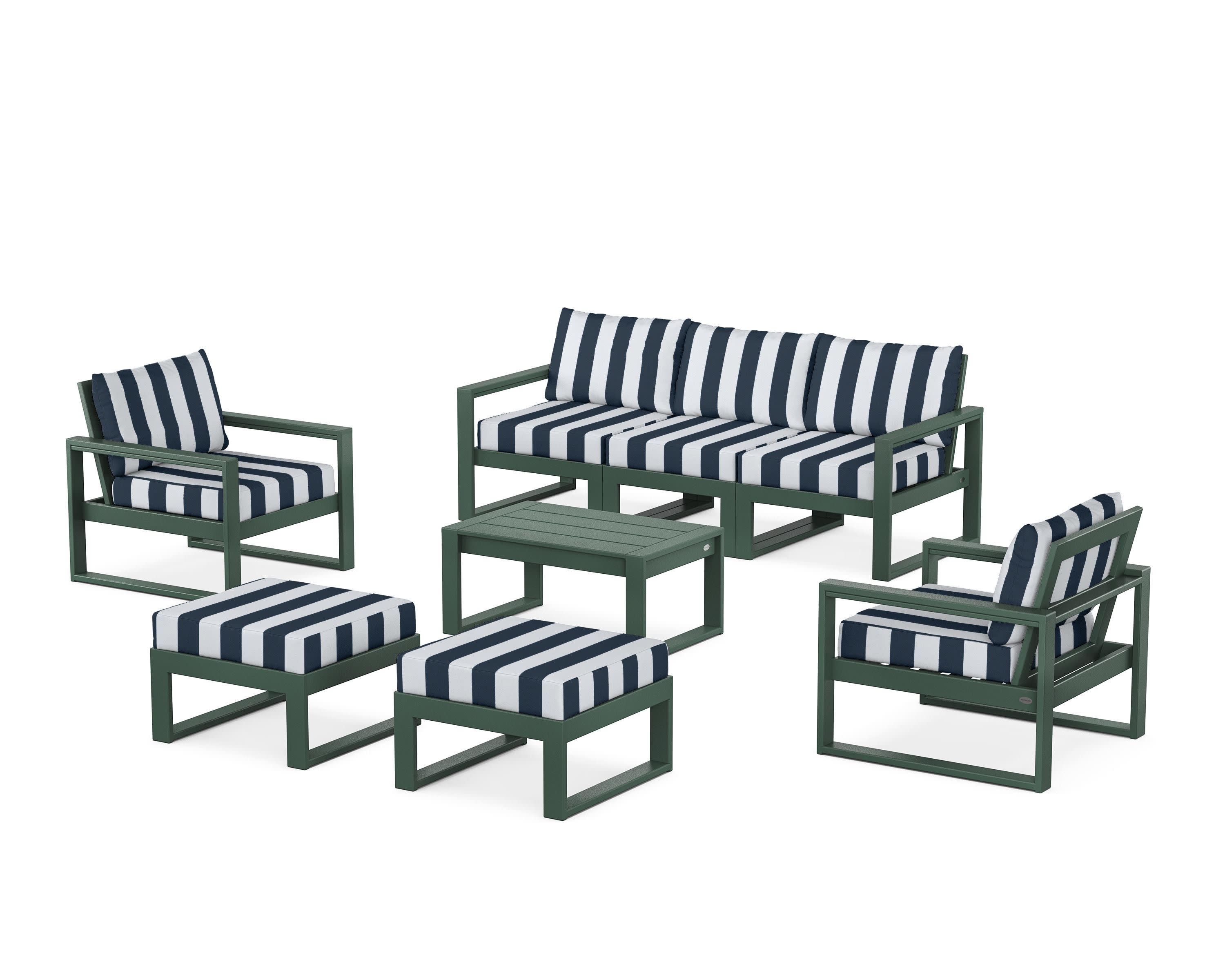 EDGE Sectional 8-Piece Lounge Sofa Set in Green / Cabana Stripe Marine Indigo