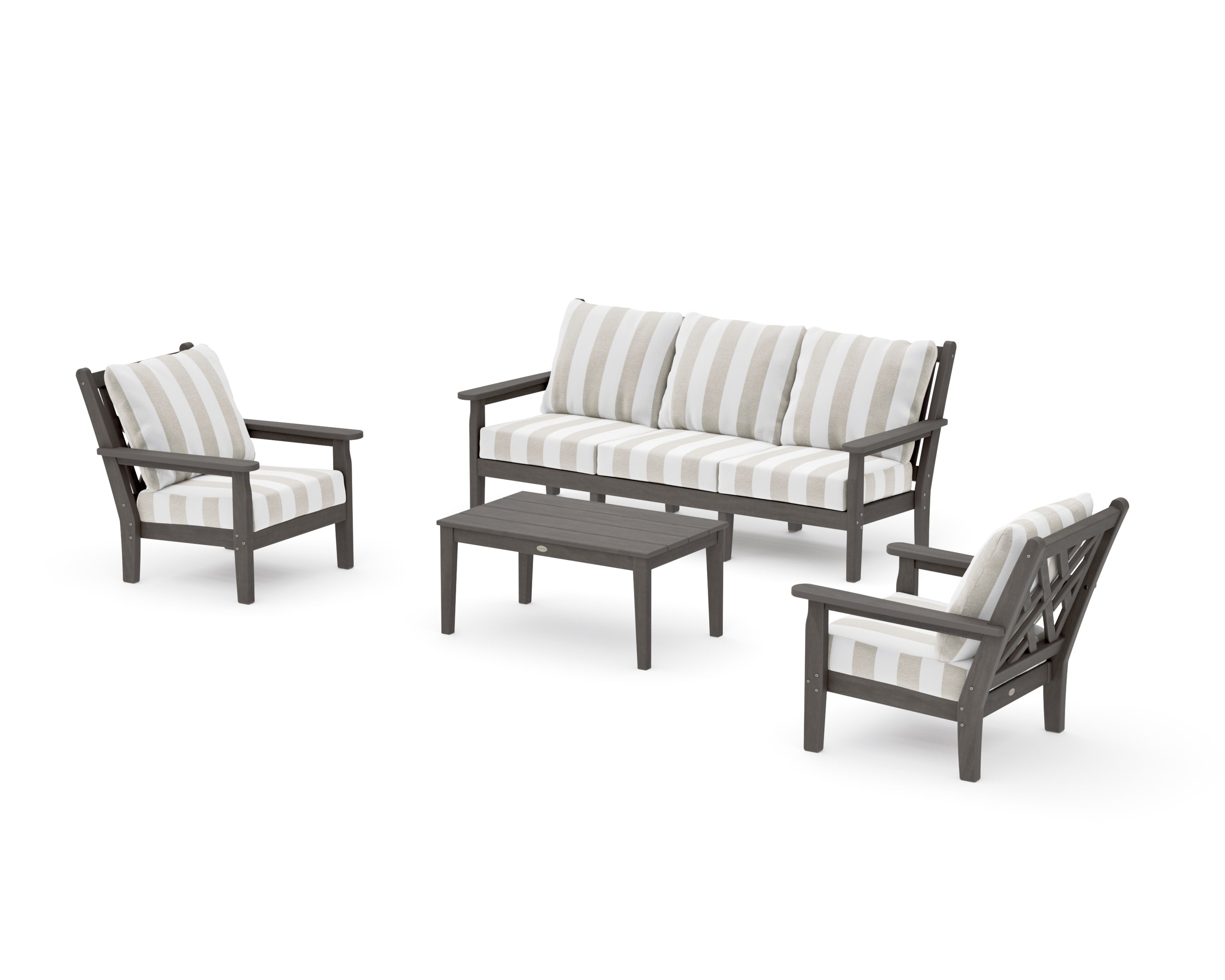 Chippendale 4-Piece Deep Seating Set with Sofa in Driftwood / Cabana Stripe Dune Burlap