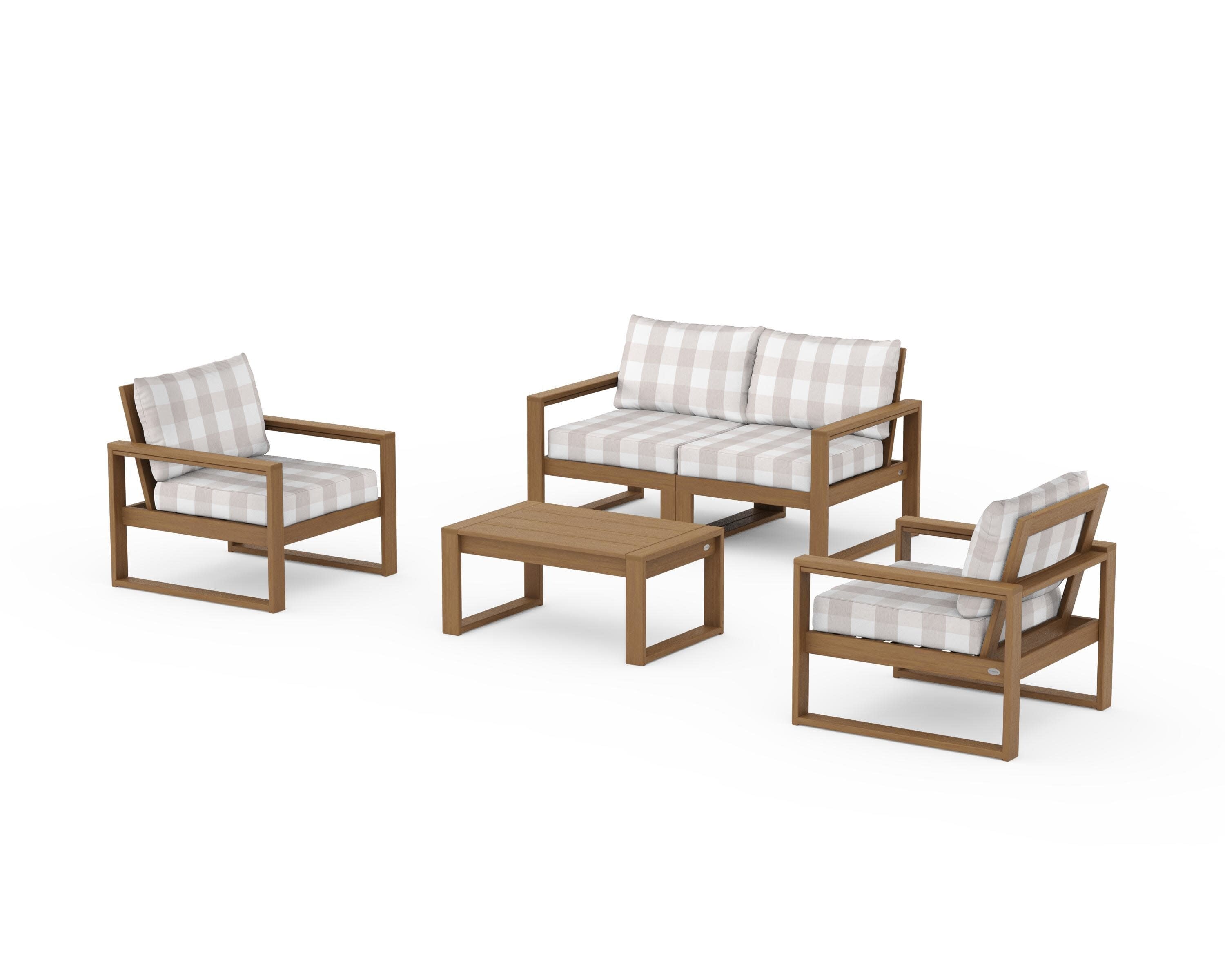 EDGE Sectional 4-Piece Deep Seating Set with Loveseat in Natural / Buffalo Plaid Dune Burlap
