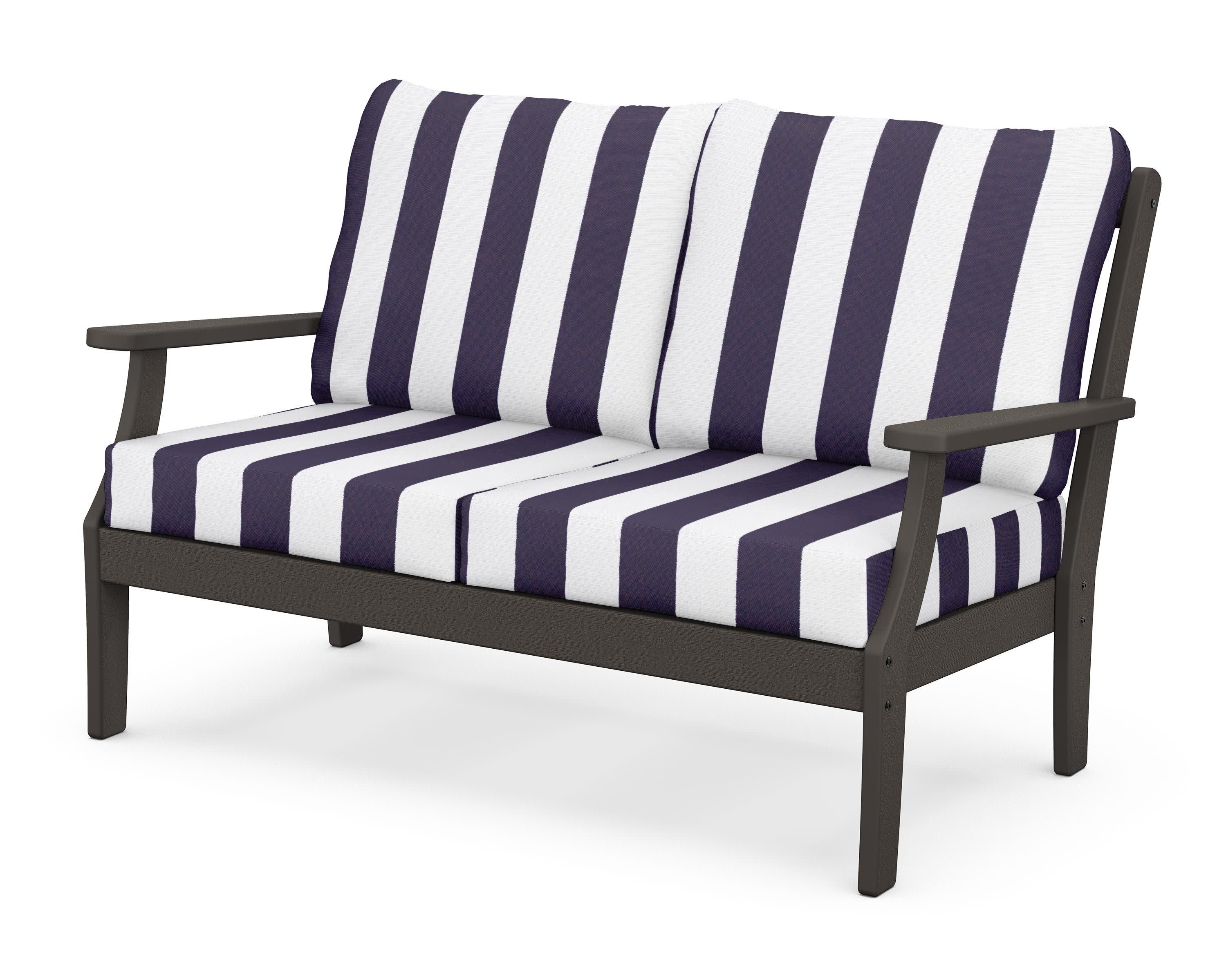 Braxton Deep Seating Loveseat in Vintage Coffee / Cabana Stripe Navy