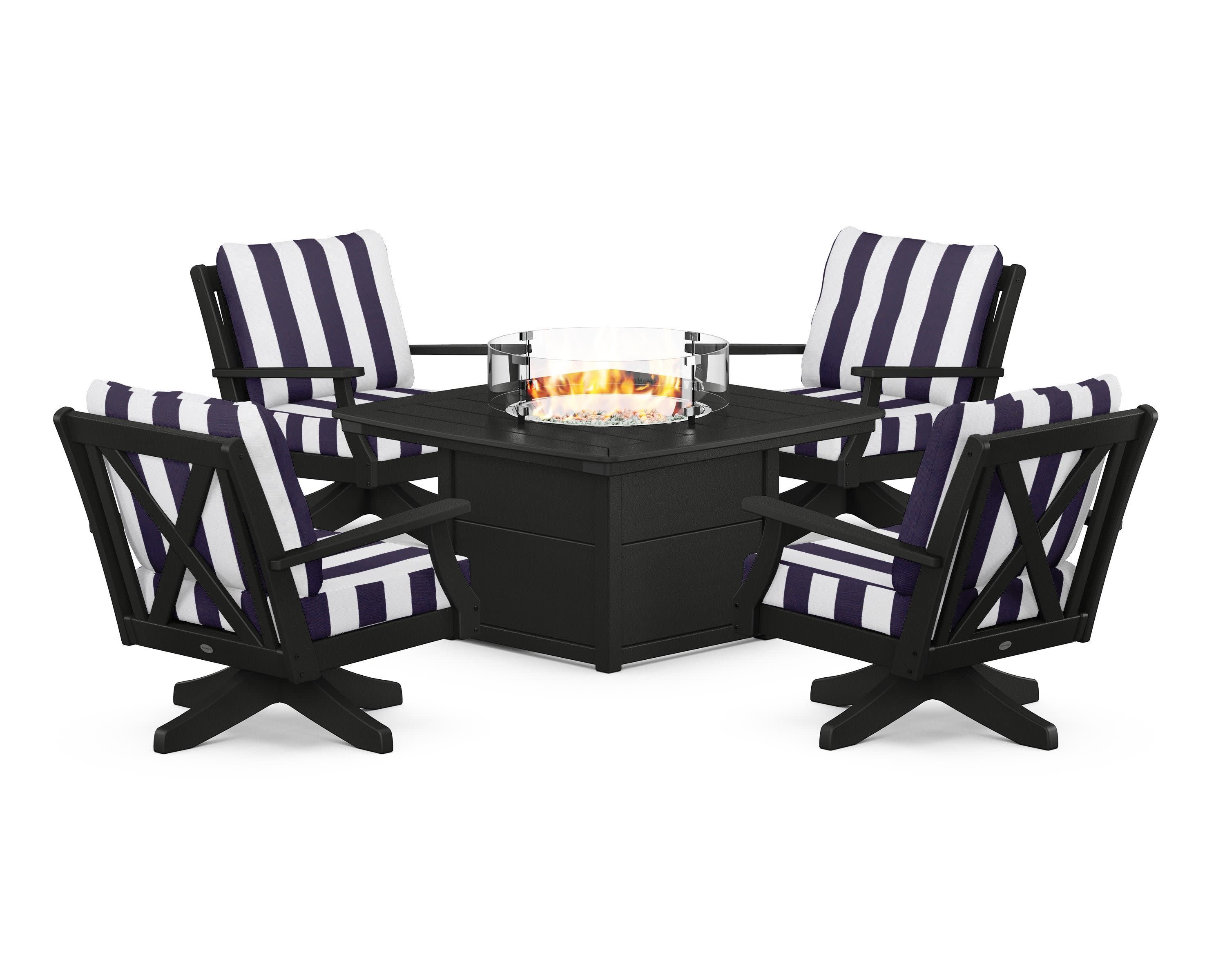 Braxton 5-Piece Deep Seating Swivel Conversation Set with Fire Pit Table in Black / Cabana Stripe Navy