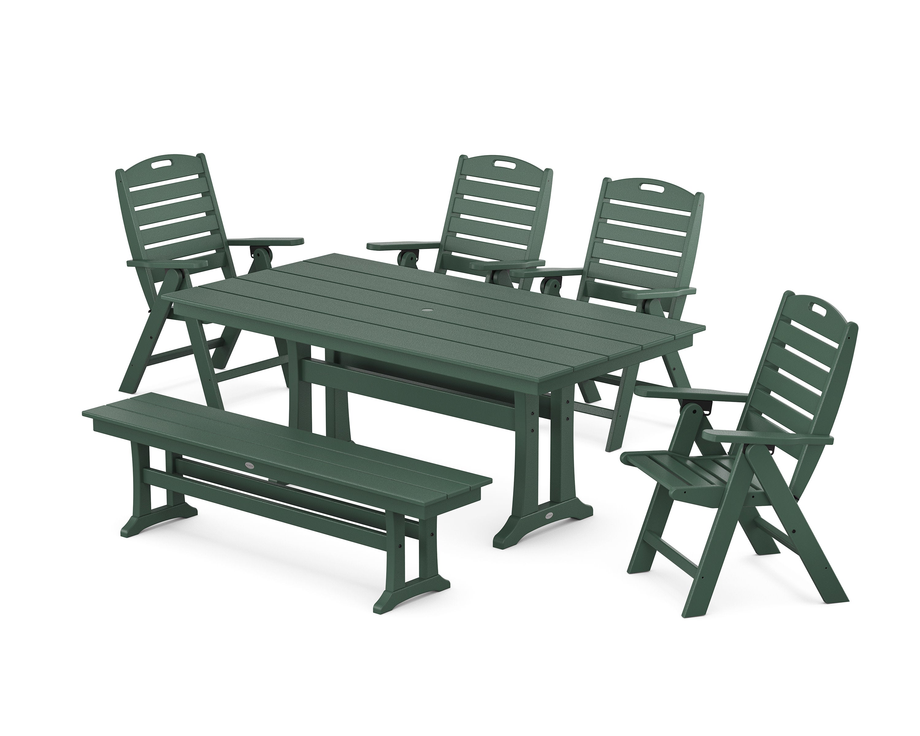 Nautical Highback 6-Piece Farmhouse Dining Set with Trestle Legs and Bench in Green