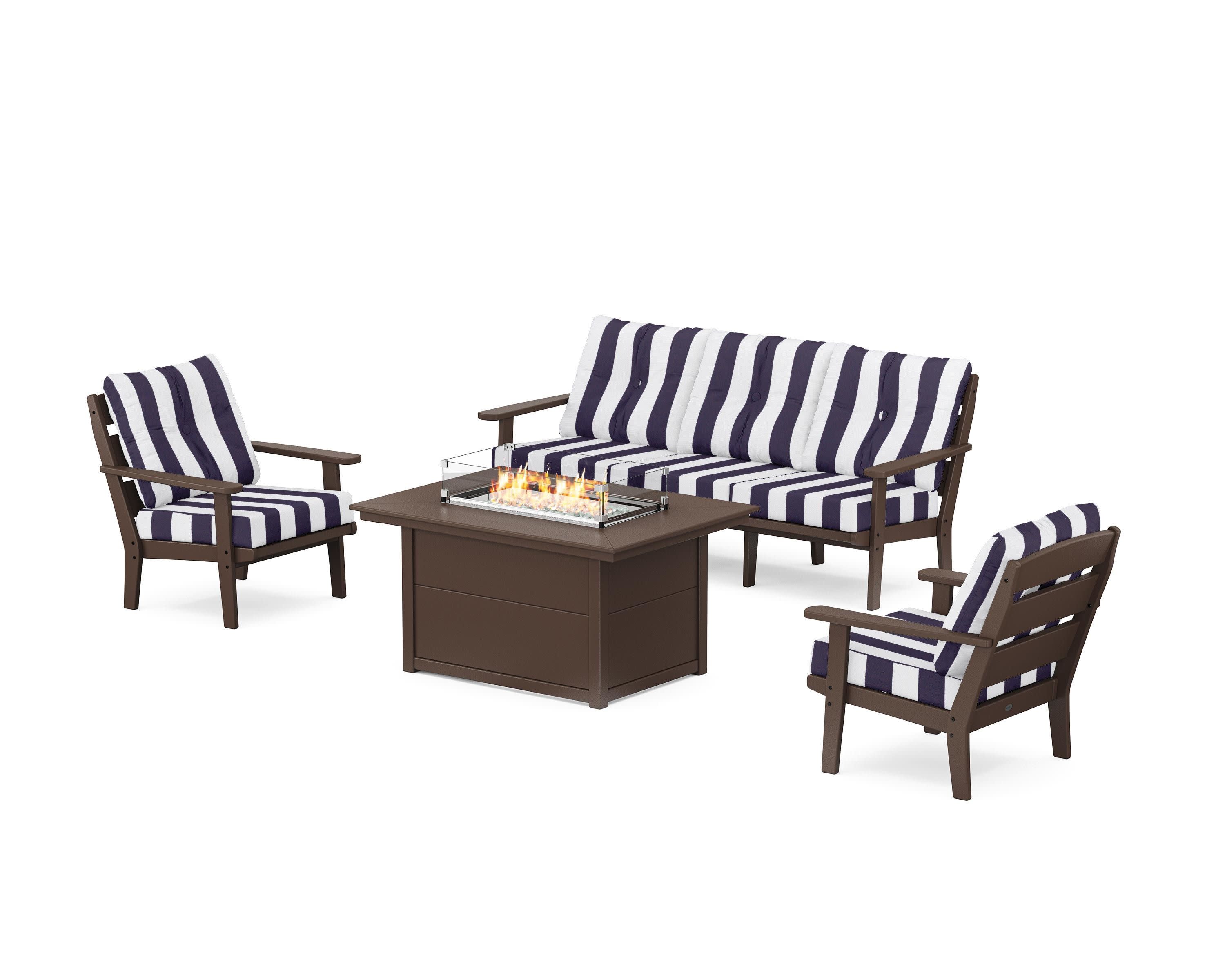 Lakeside Deep Seating Fire Pit Table Set in Mahogany / Cabana Stripe Navy