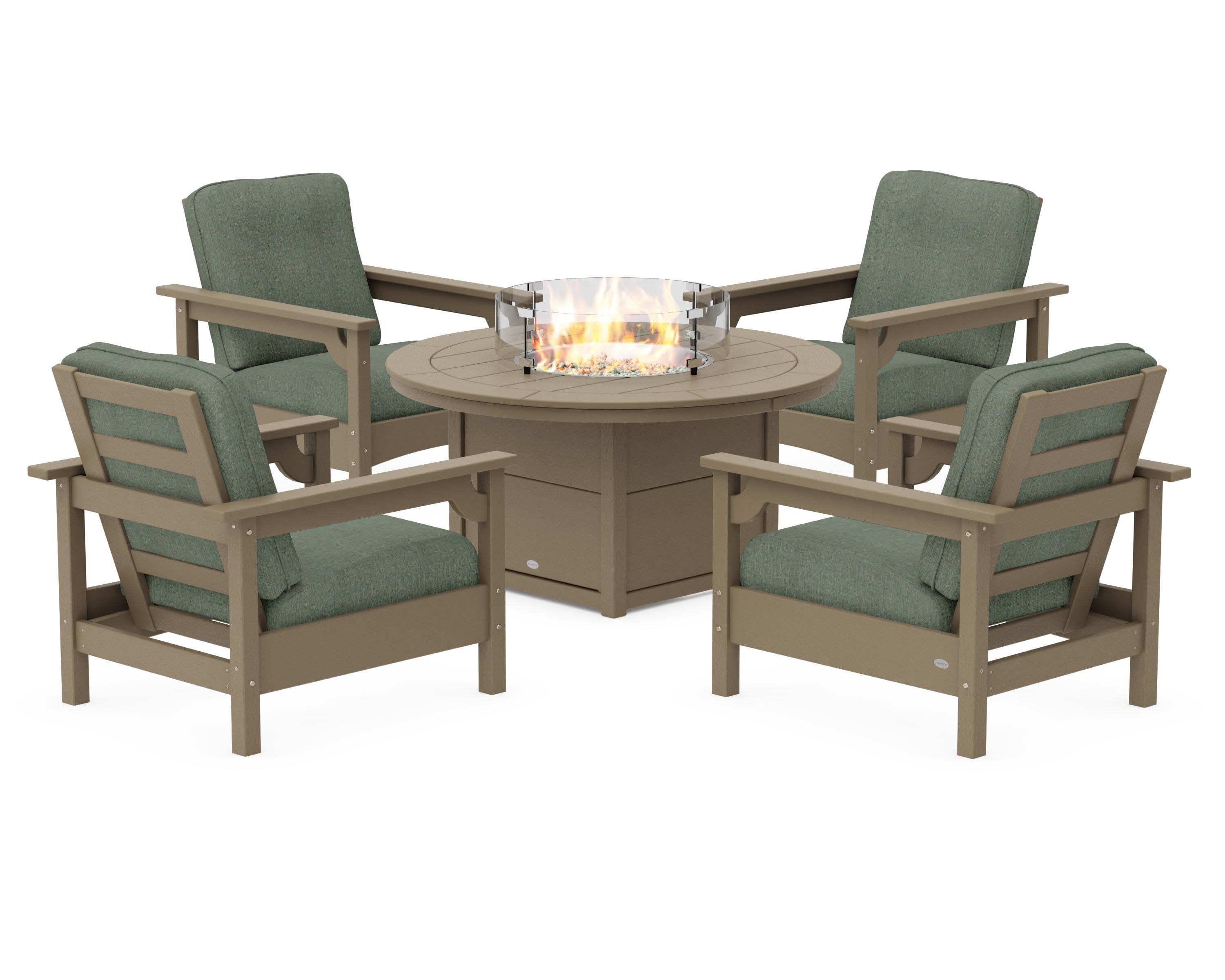 Club 5-Piece Conversation Set with Fire Pit Table in Vintage Sahara / Cast Sage