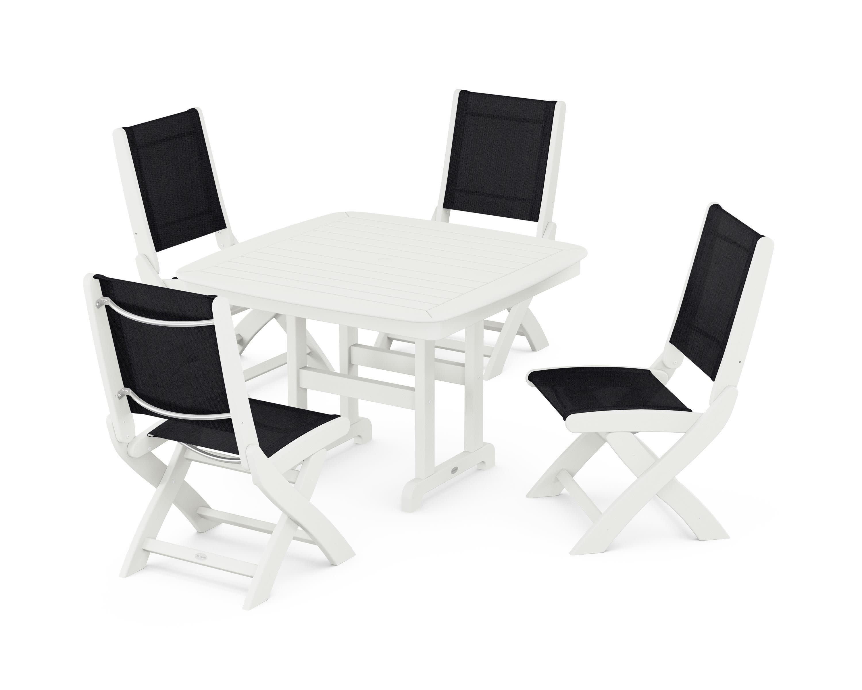 Coastal Folding Side Chair 5-Piece Dining Set in Vintage White / Black Sling