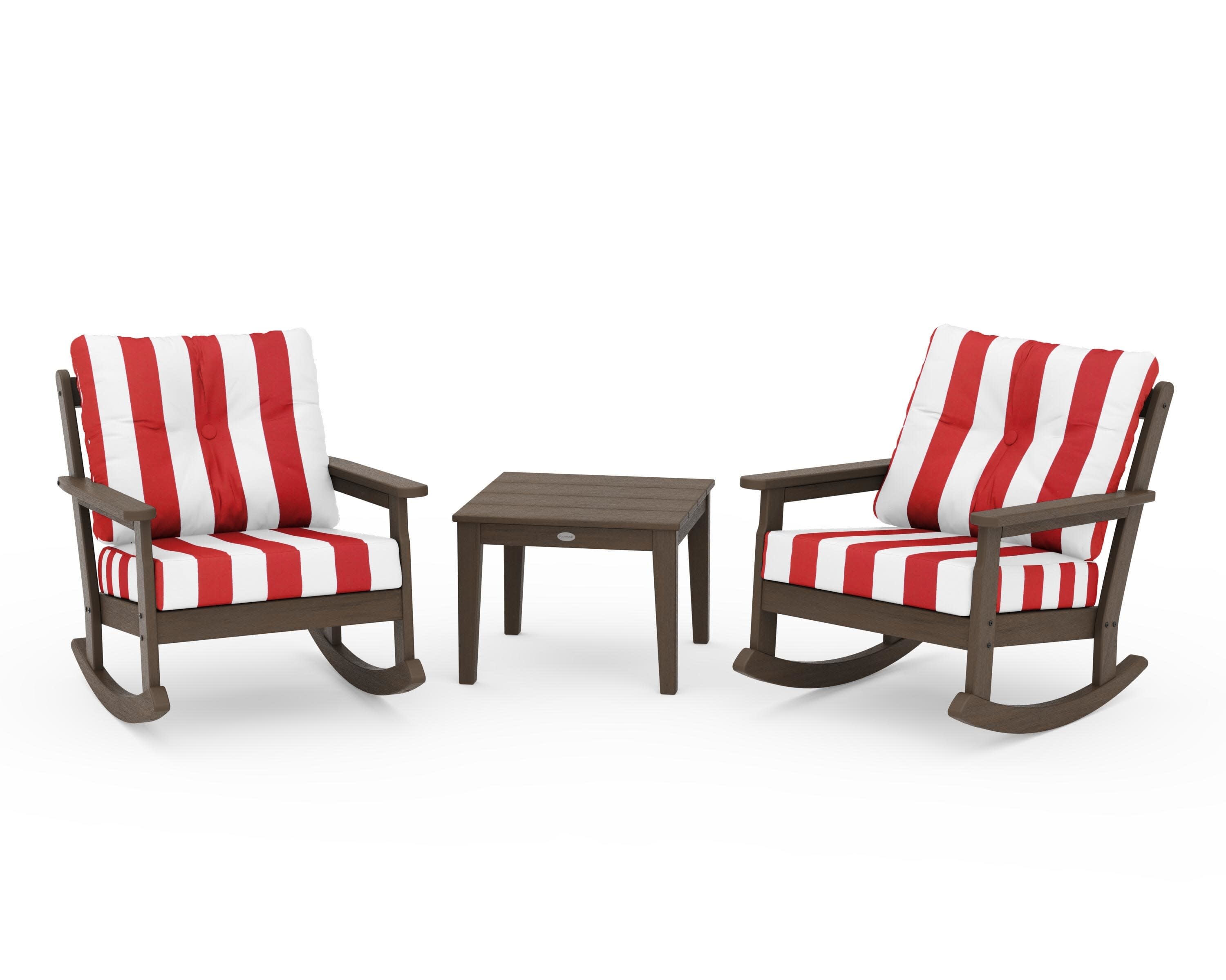 Vineyard 3-Piece Deep Seating Rocker Set in Kona / Cabana Stripe Crimson