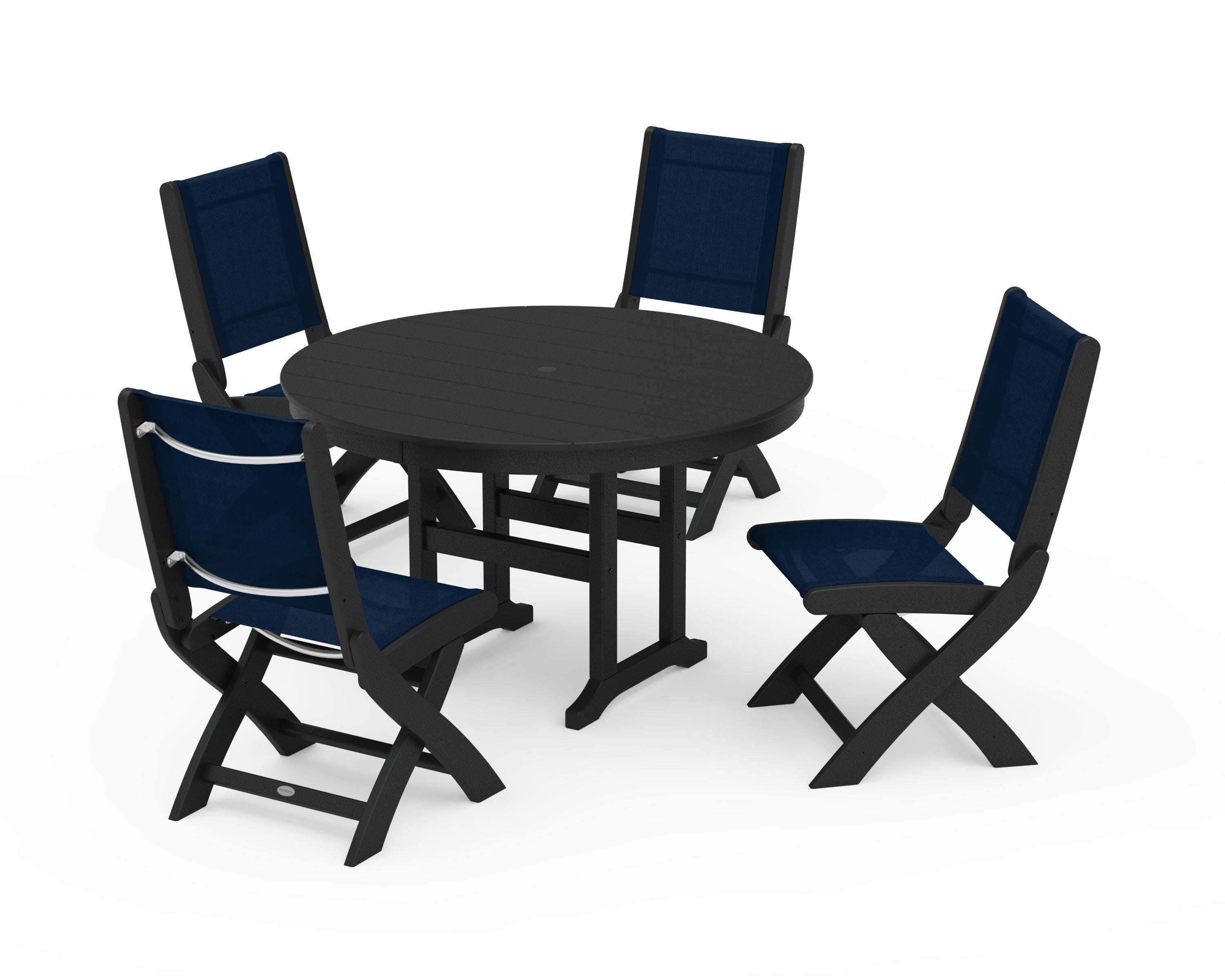 Coastal Folding Side Chair 5-Piece Round Dining Set in Black / Navy Blue Sling