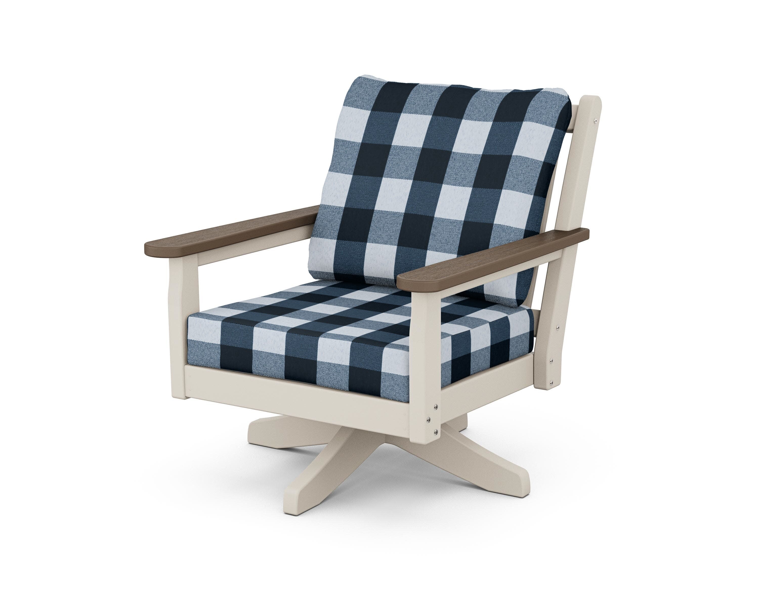 Chippendale Deep Seating Swivel Chair in Sand / Kona / Buffalo Plaid Marine Indigo