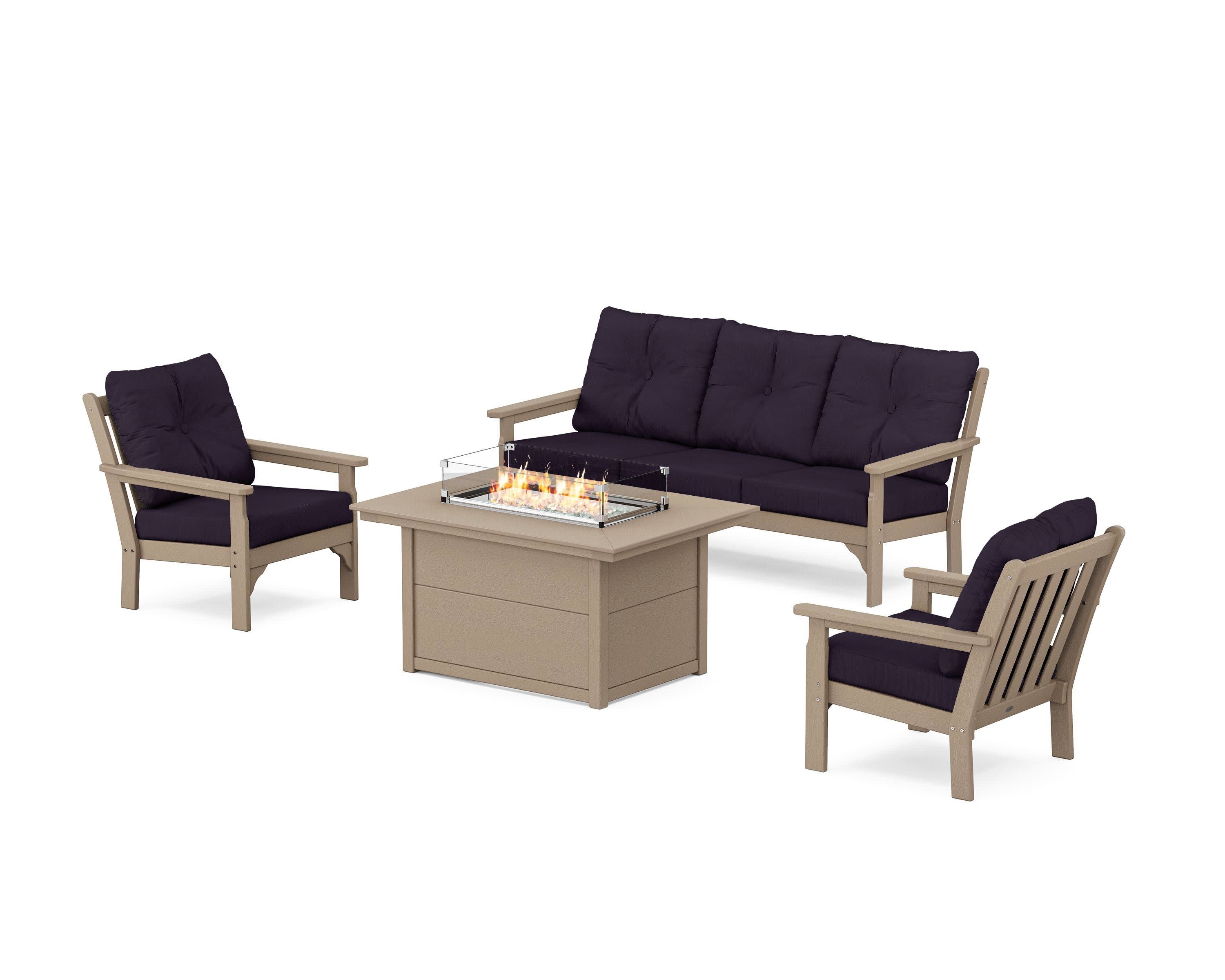 Vineyard Deep Seating Fire Pit Table Set in Vintage Sahara / Navy Linen