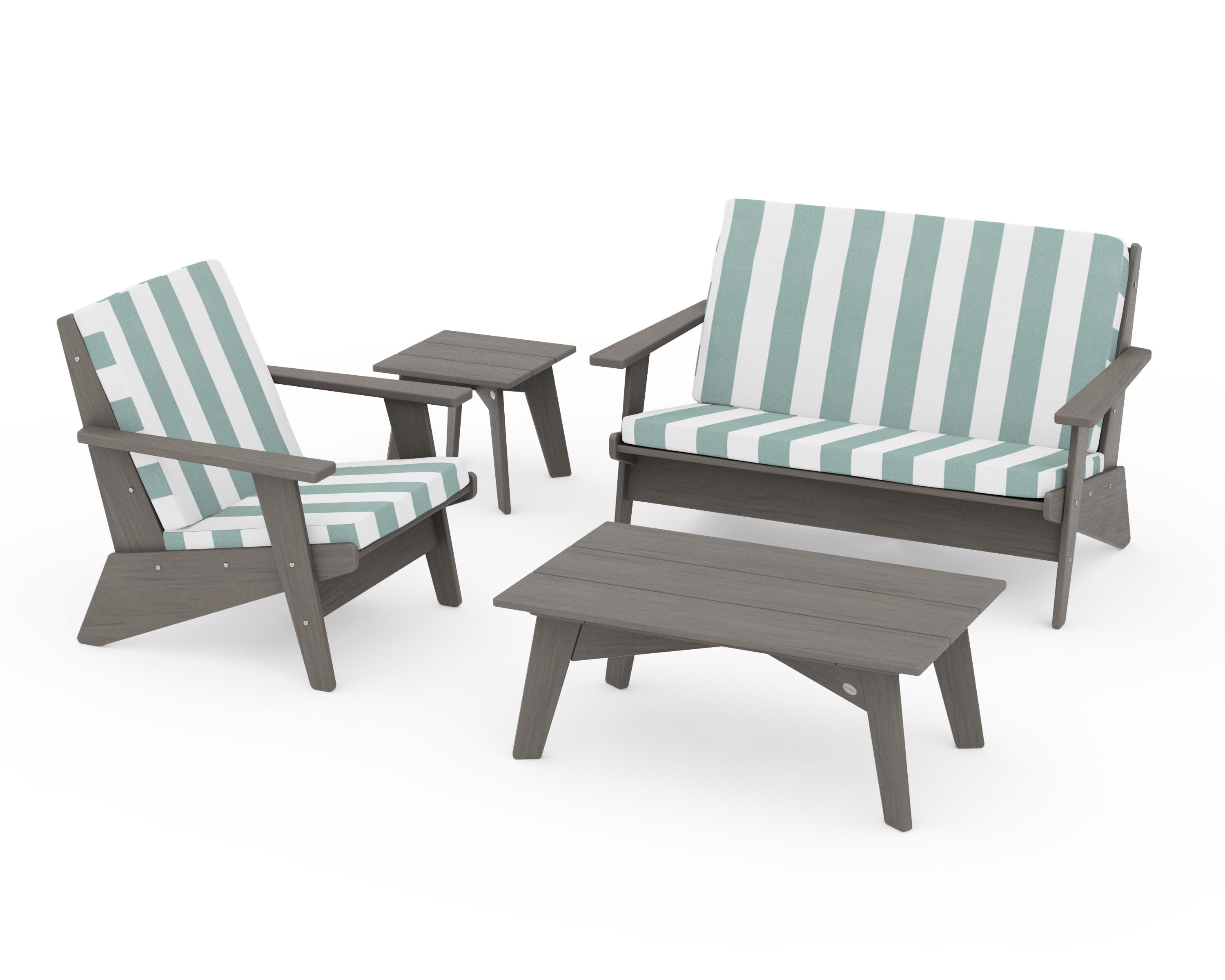 Riviera Modern Lounge 4-Piece Set in Driftwood / Cabana Stripe Glacier Spa