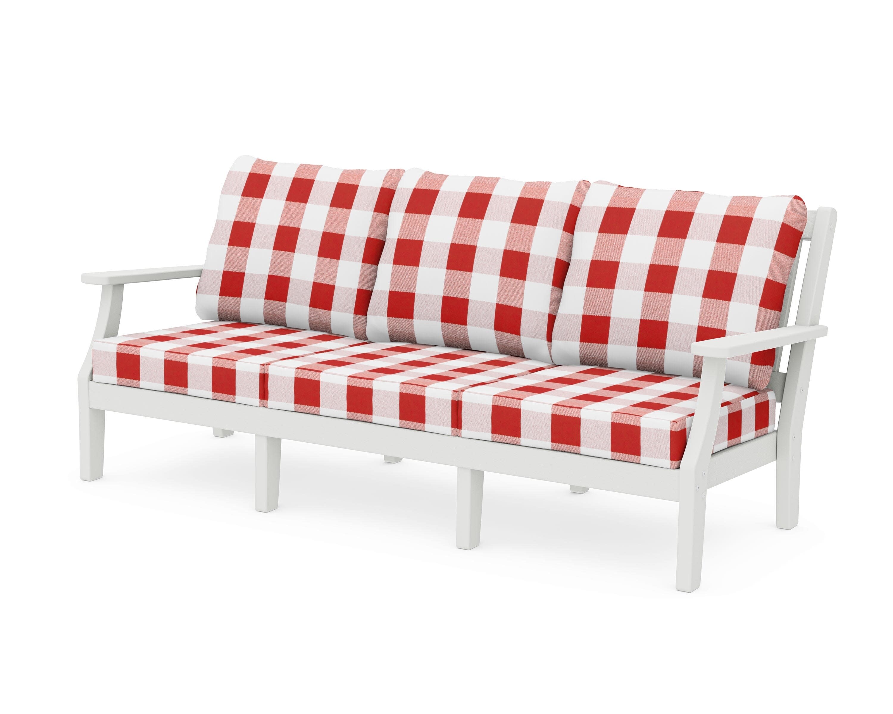 Chinoiserie Deep Seating Sofa in Vintage White / Buffalo Plaid Crimson