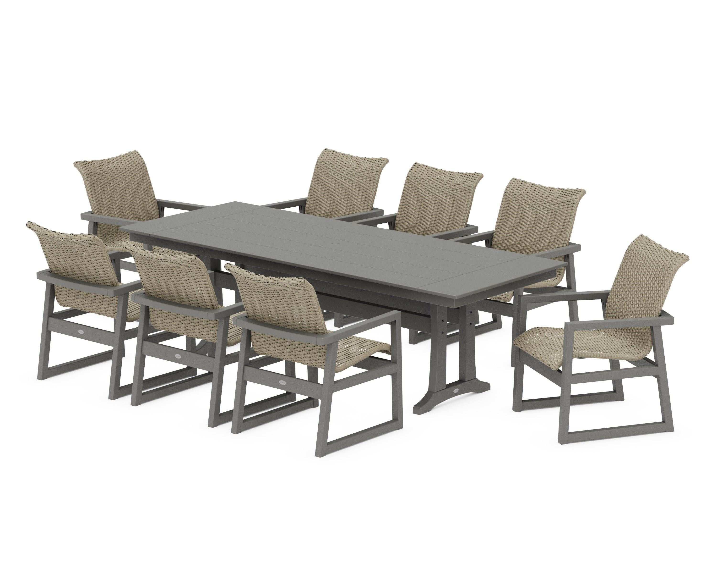 EDGE Woven 9-Piece Farmhouse Dining Set with Trestle Legs in Slate Grey / Dune Grass