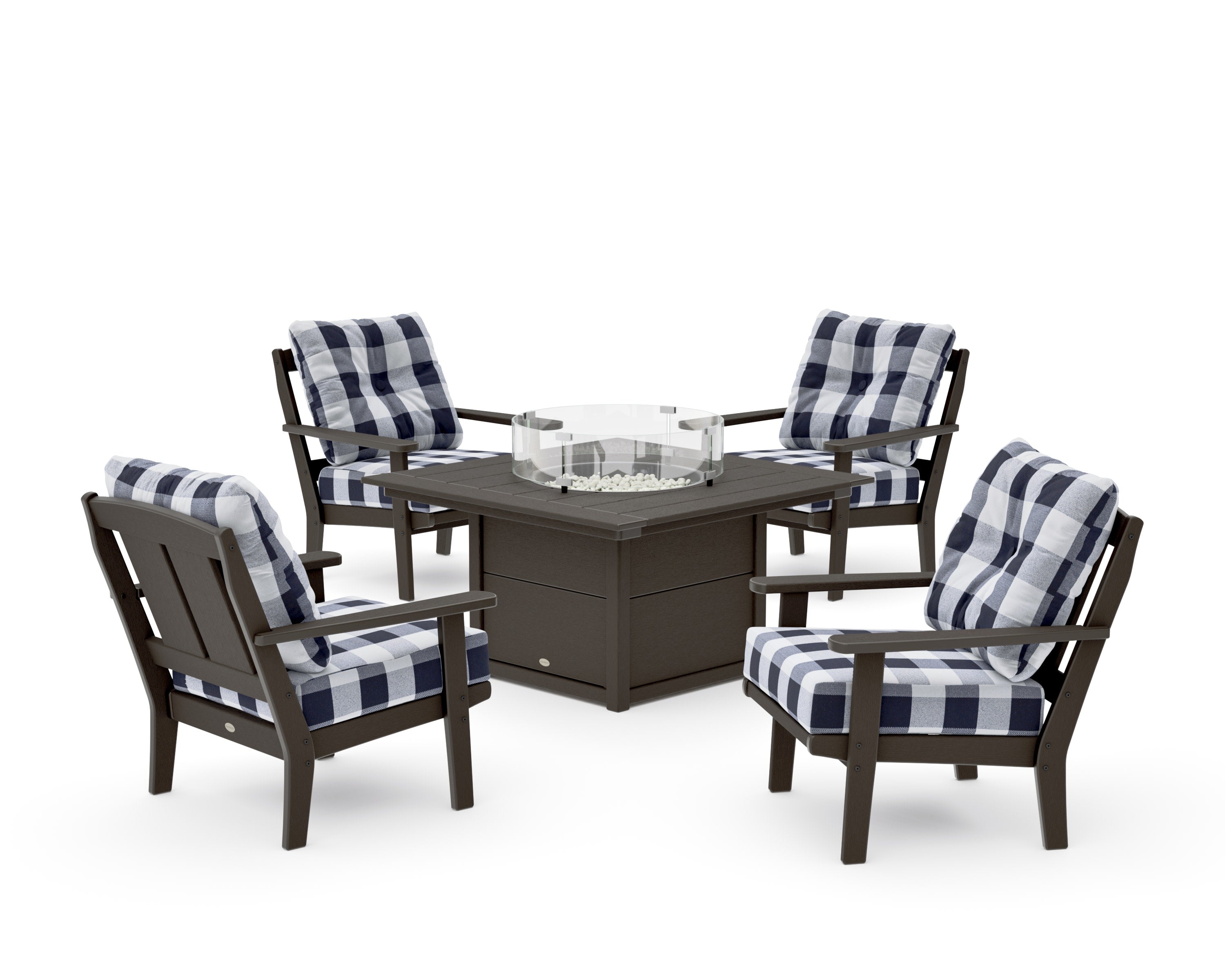 Mission 5-Piece Deep Seating Set with Fire Pit Table in Vintage Coffee / Buffalo Plaid Navy