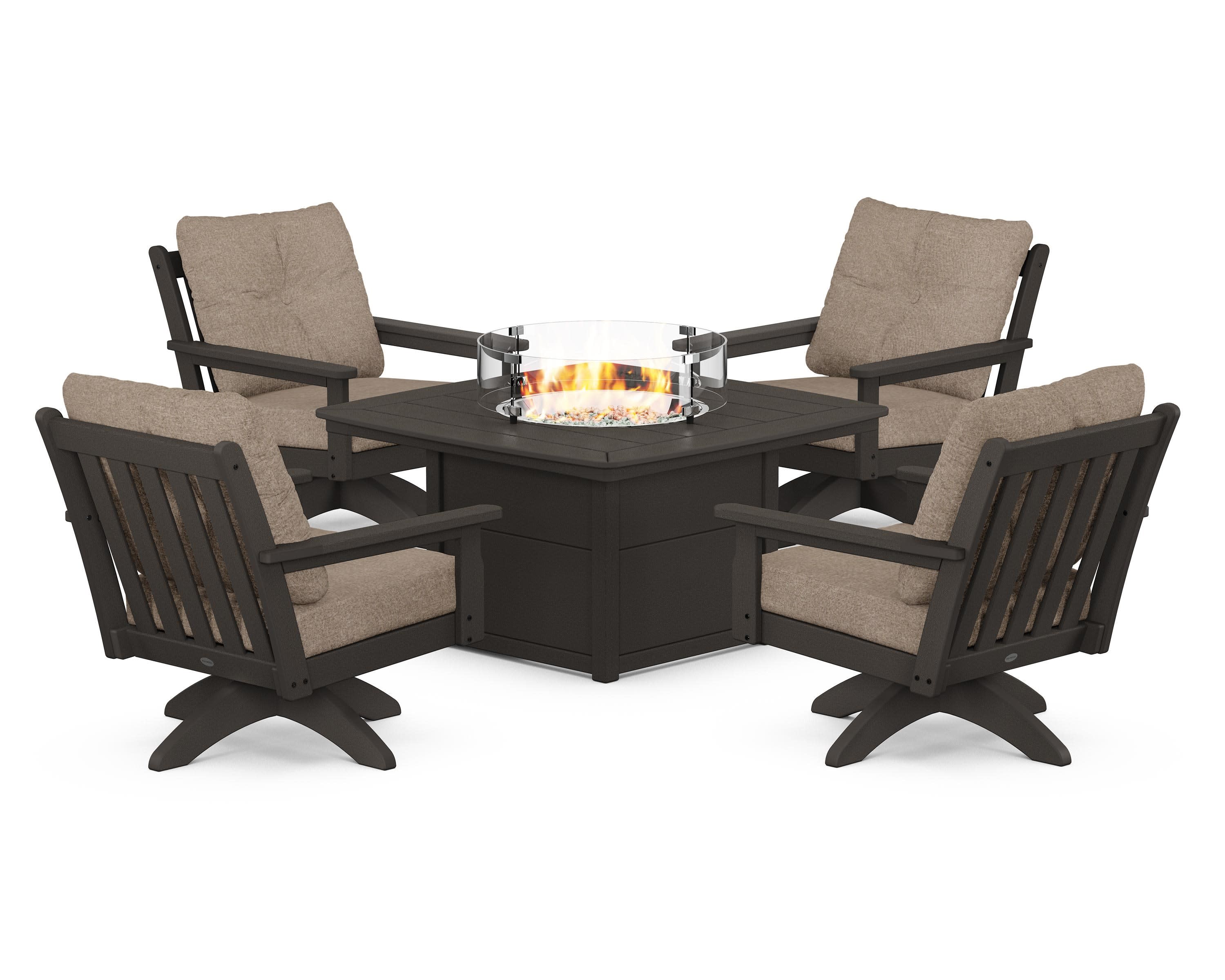 Vineyard 5-Piece Deep Seating Swivel Conversation Set with Fire Pit Table in Vintage Coffee / Spiced Burlap