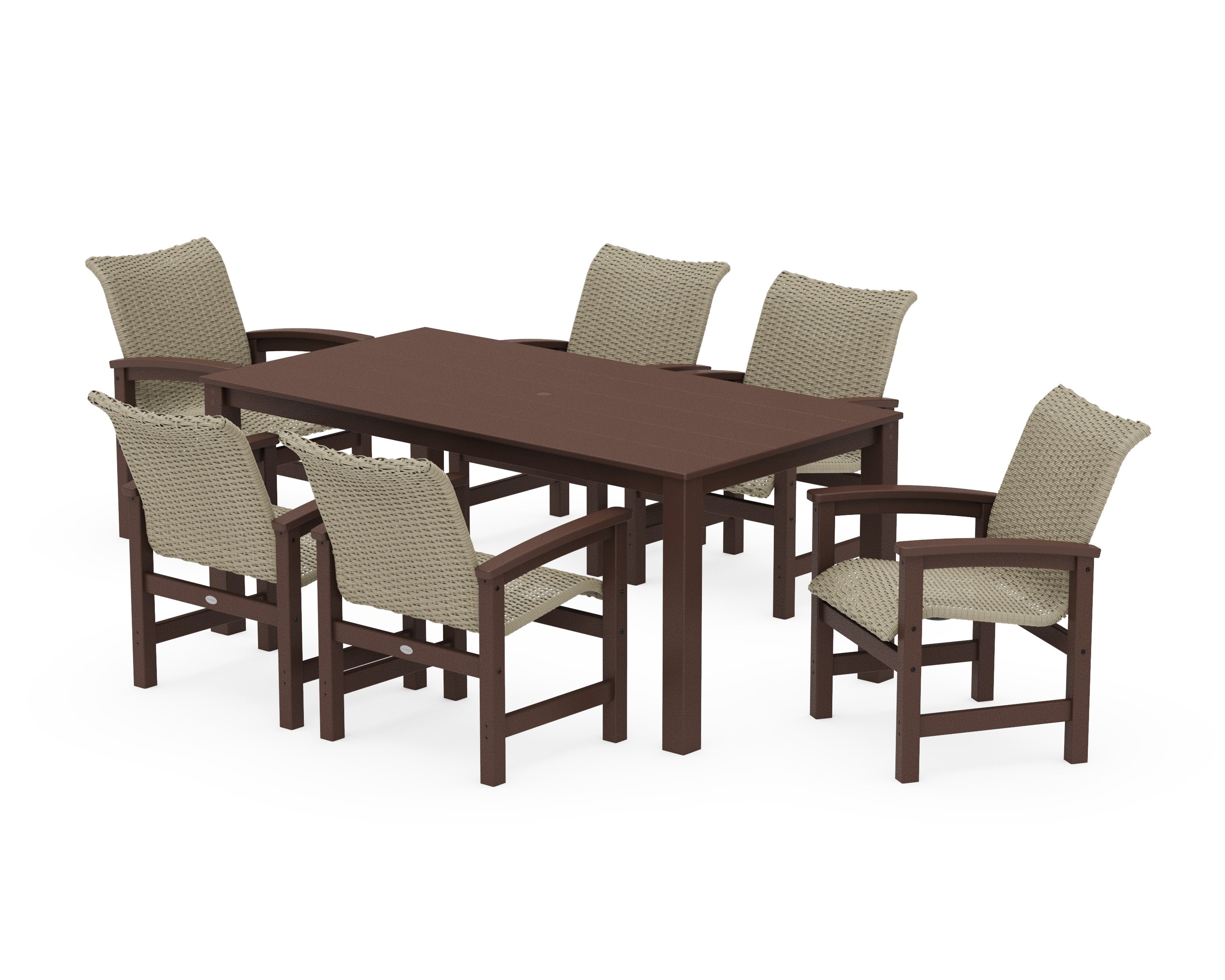 Coastal Woven Arm Chair 7-Piece Parsons Dining Set in Mahogany / Dune Grass