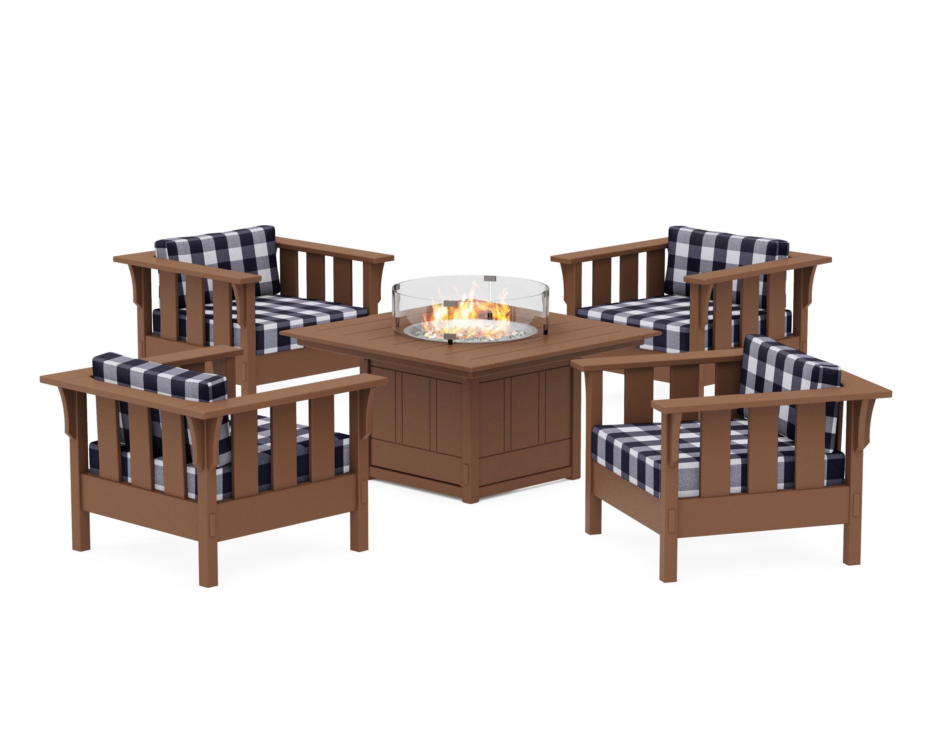 Acadia 5-Piece Deep Seating Set with Fire Pit Table in Teak / Buffalo Plaid Navy
