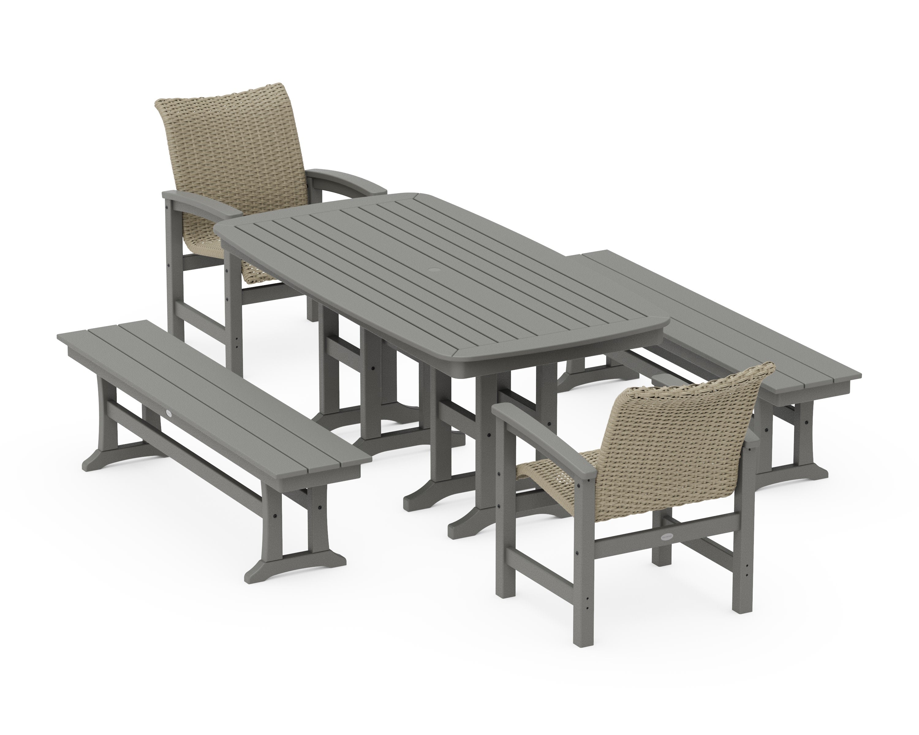 Coastal Woven 5-Piece Dining Set with Benches in Slate Grey / Dune Grass