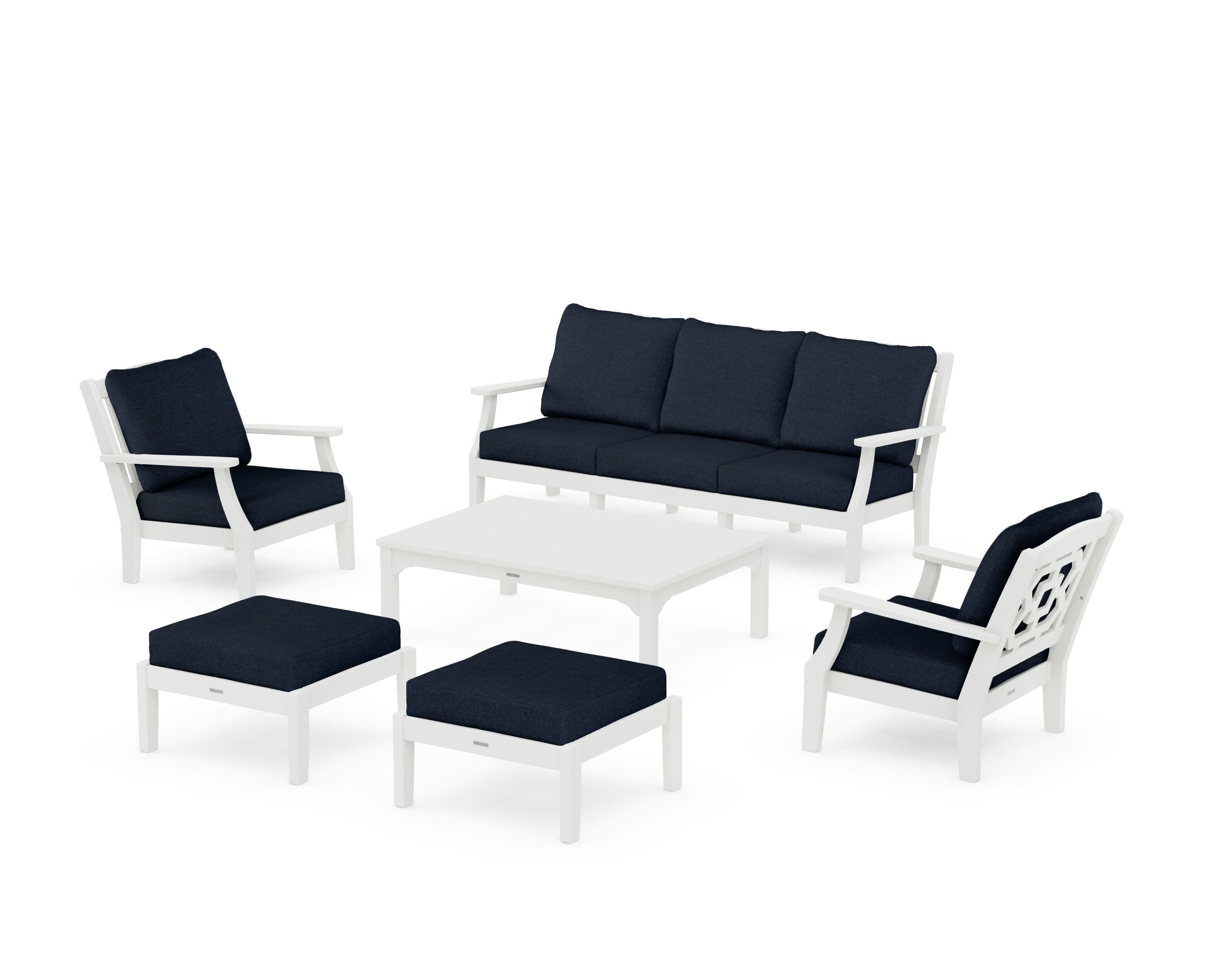 Chinoiserie 6-Piece Lounge Sofa Set in Vintage White / Marine Indigo