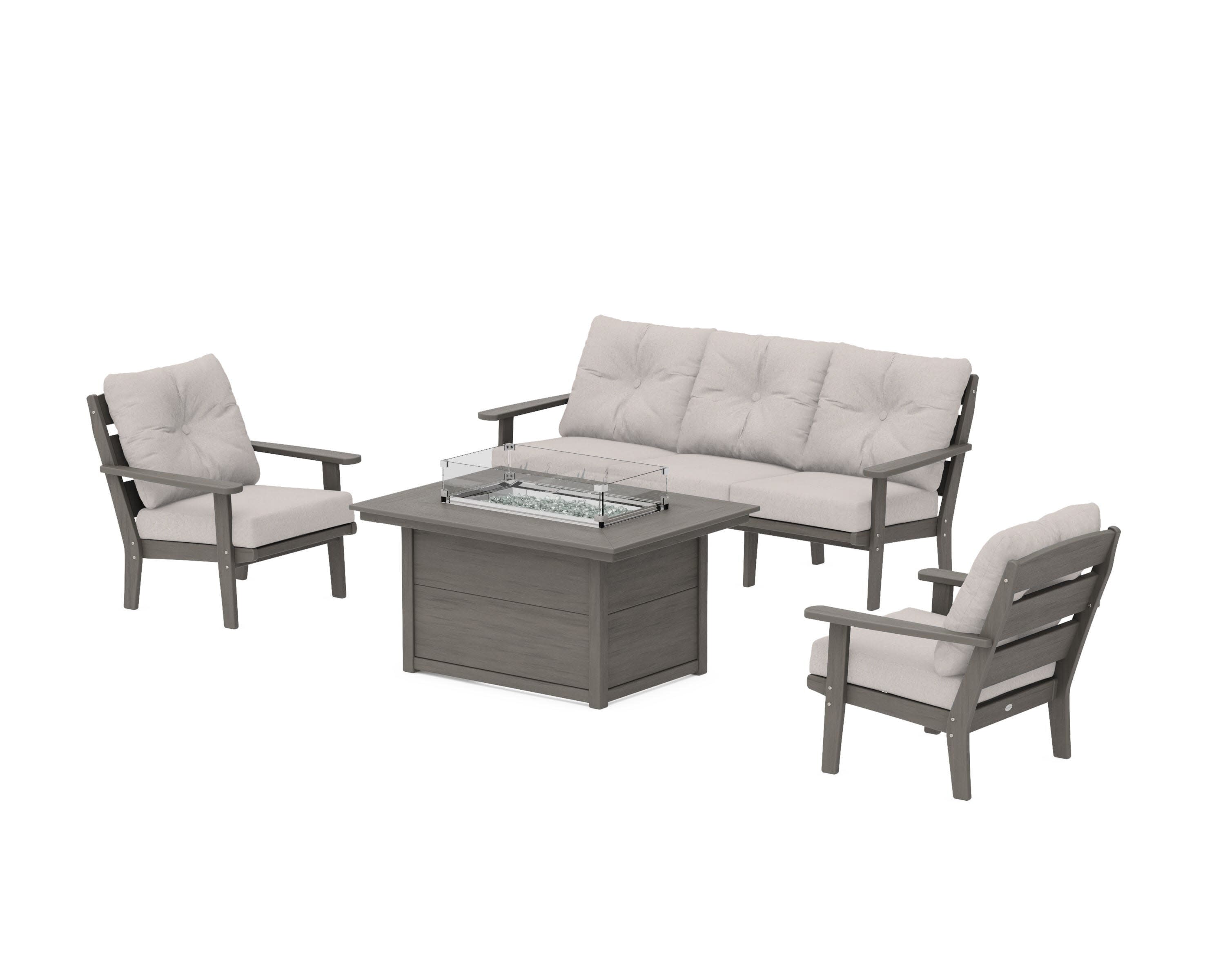 Lakeside Deep Seating Fire Pit Table Set in Driftwood / Dune Burlap