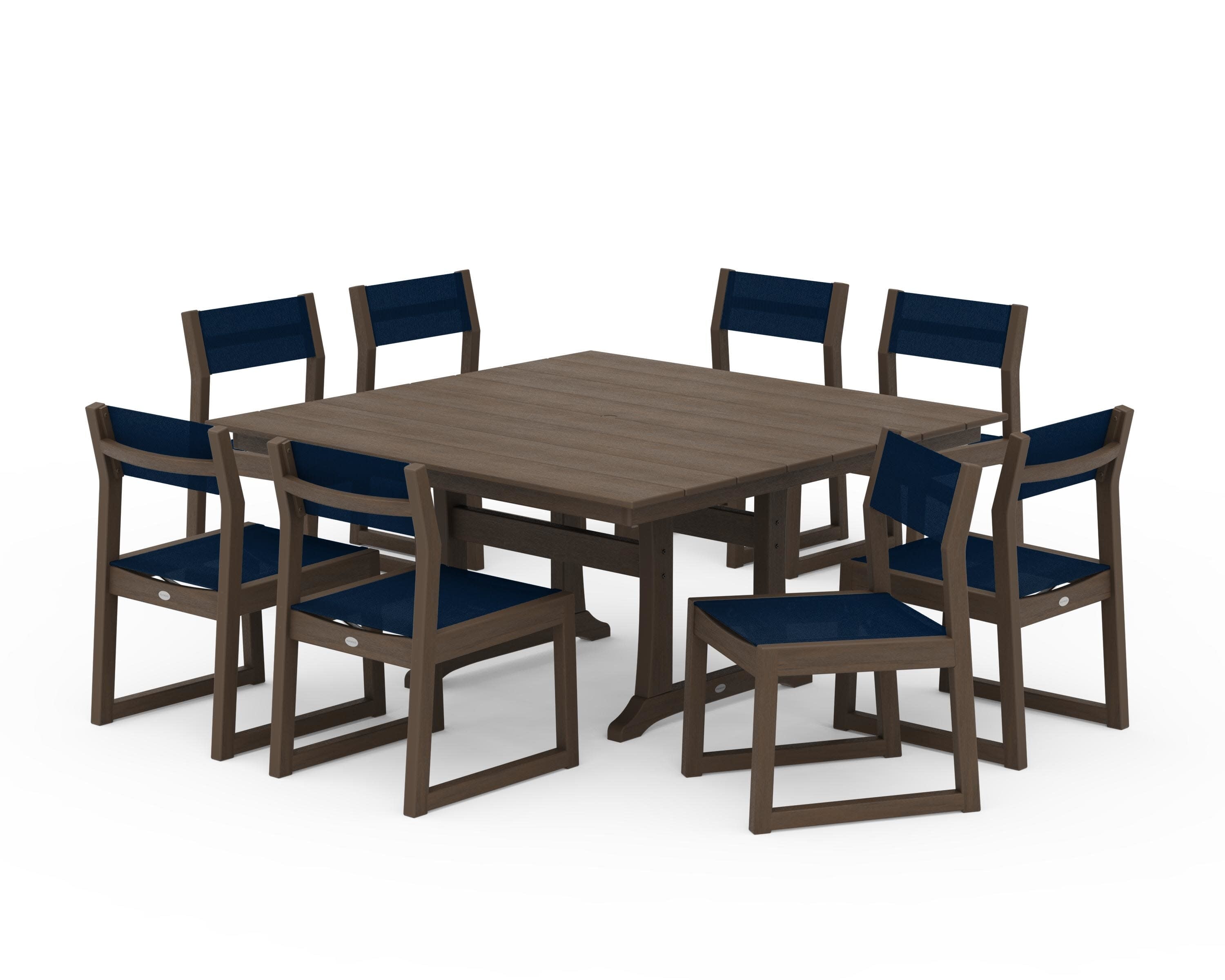 EDGE Sling Side Chair 9-Piece Farmhouse Trestle Dining Set in Kona / Navy Blue Sling
