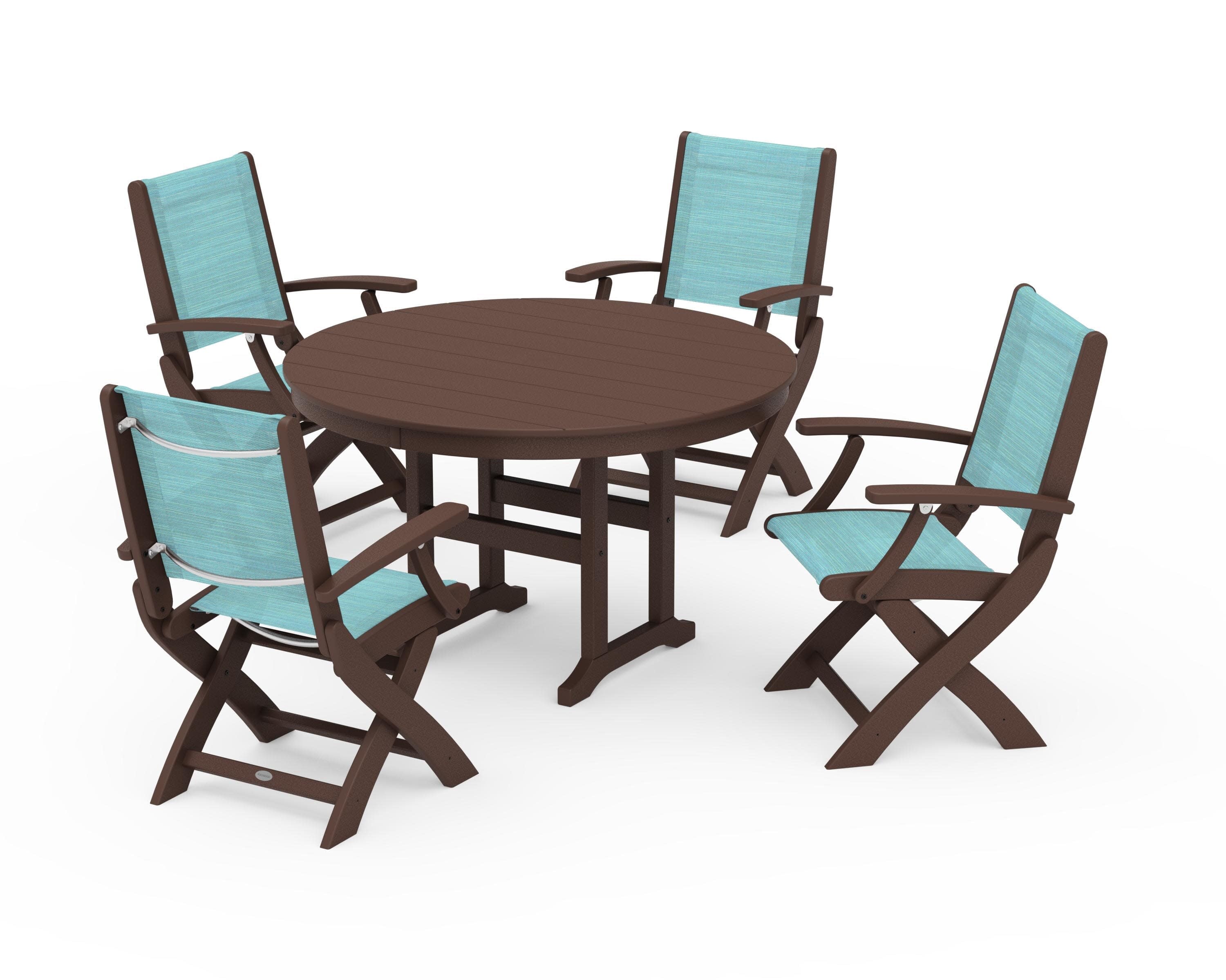 Coastal Folding Chair 5-Piece Round Dining Set in Mahogany / Dupioni Aquamarine Sling