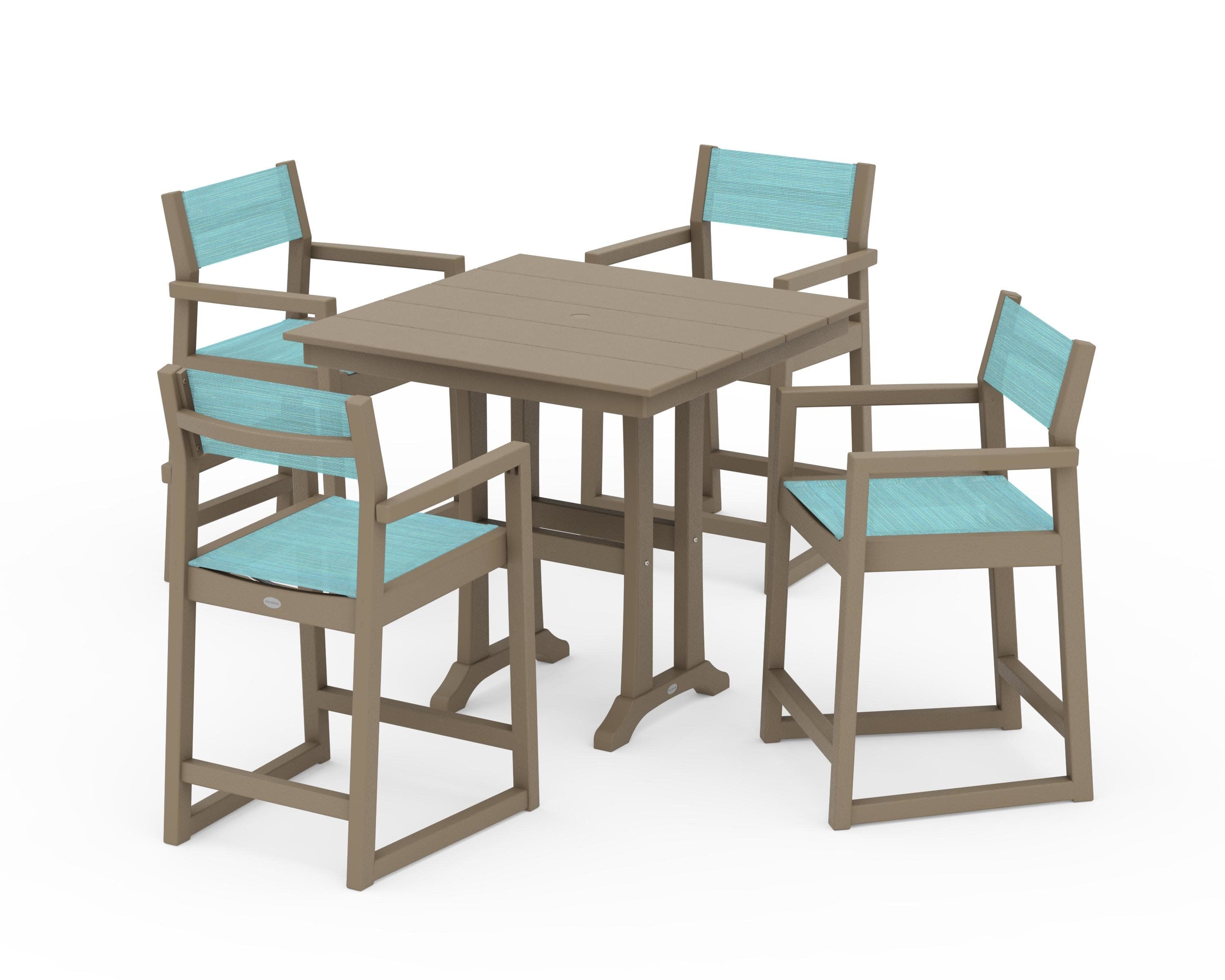 EDGE Sling Arm Chair 5-Piece Farmhouse Counter Set with Trestle Legs in Vintage Sahara / Dupioni Aquamarine Sling