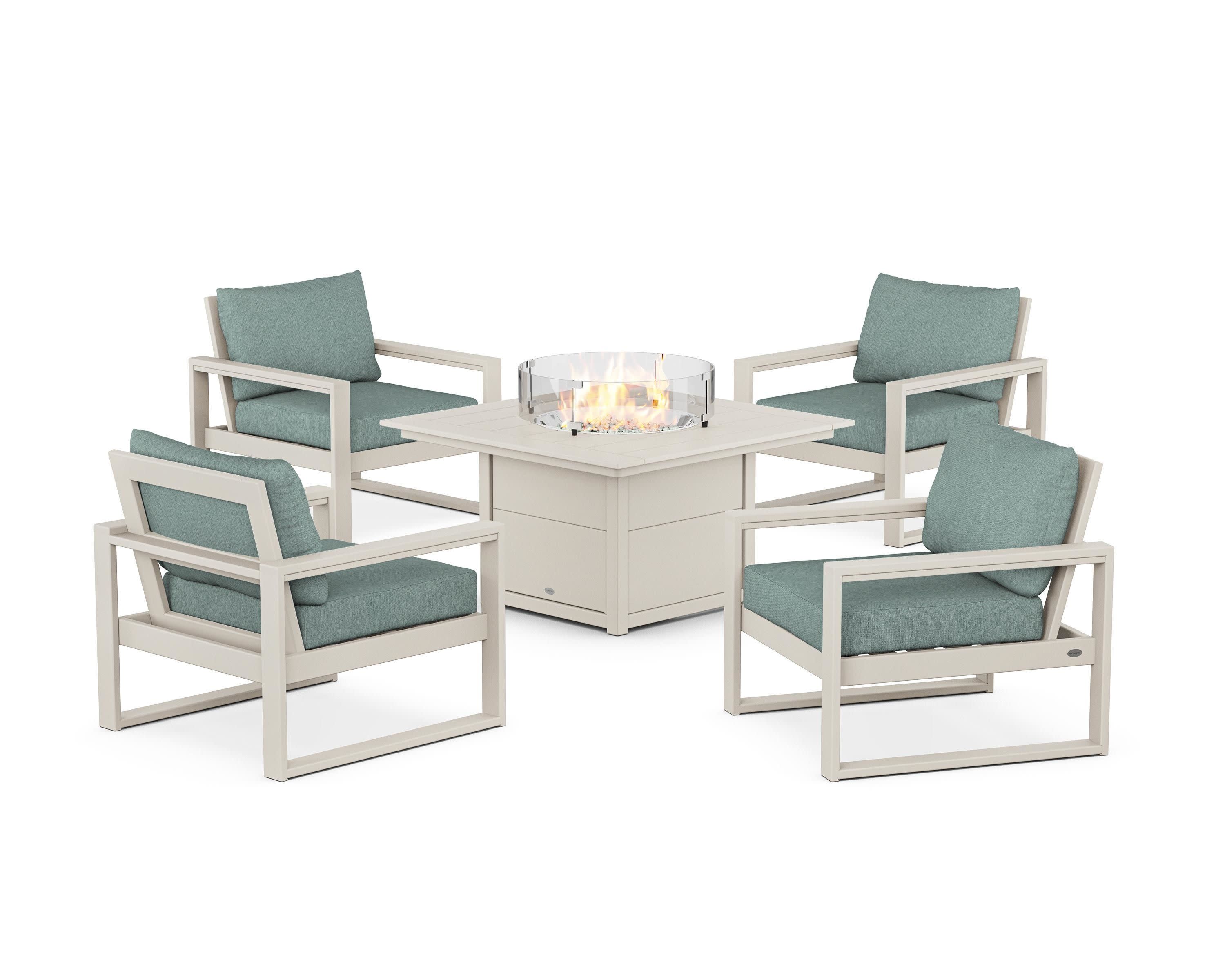 EDGE Sectional 5-Piece Deep Seating Set with Fire Pit Table in Sand / Glacier Spa