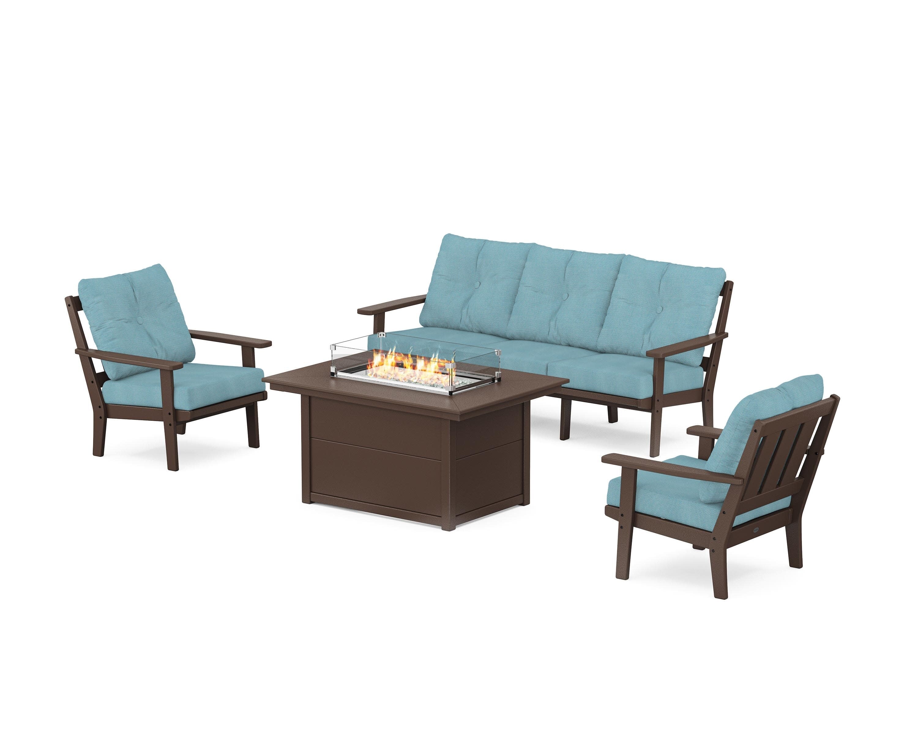 Oxford Deep Seating Fire Pit Table Set in Mahogany / Lattice Sky Blue