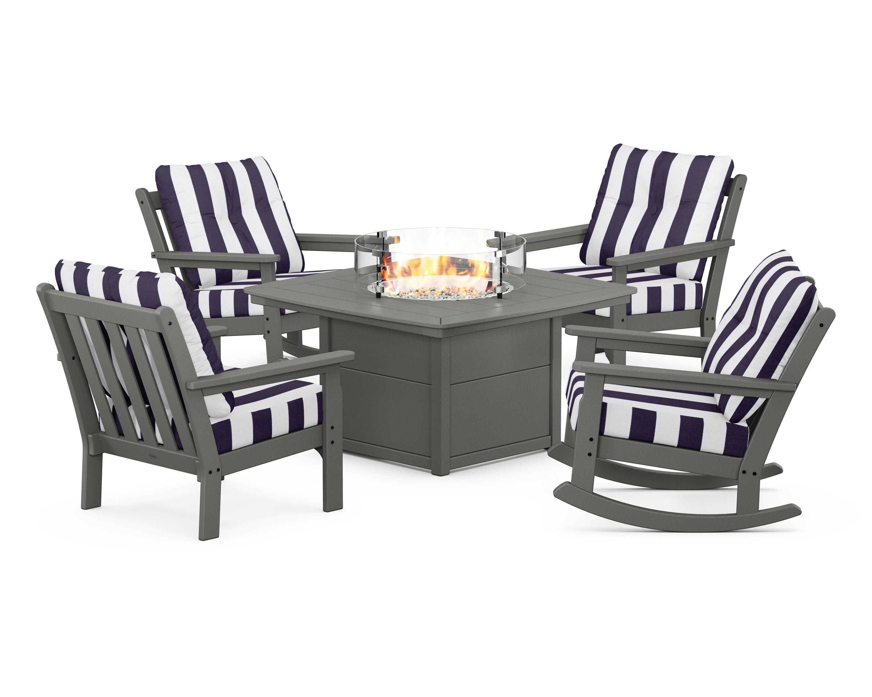 Vineyard 5-Piece Deep Seating Rocking Chair Conversation Set with Fire Pit Table in Slate Grey / Cabana Stripe Navy