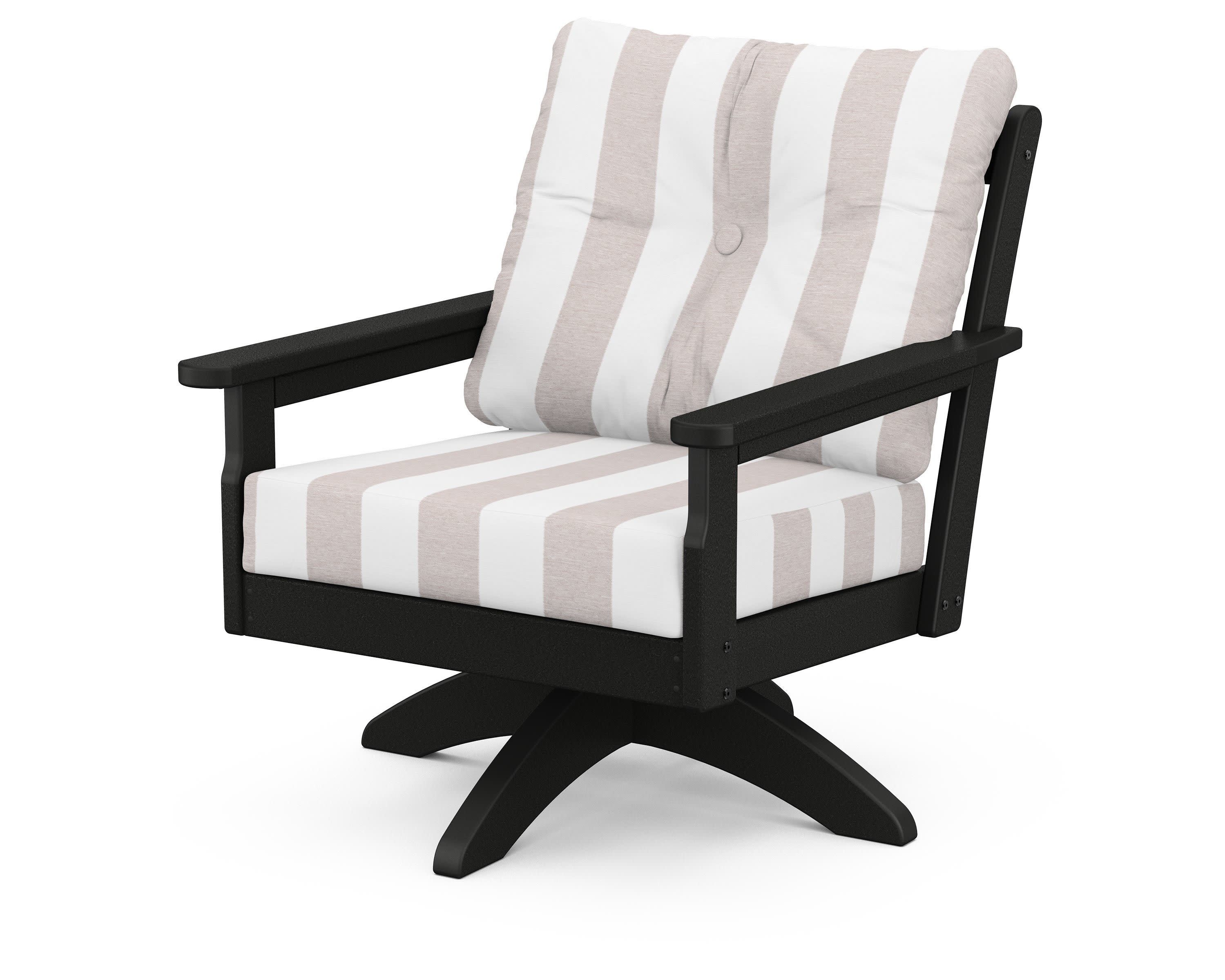 Vineyard Deep Seating Swivel Chair in Black / Cabana Stripe Dune Burlap