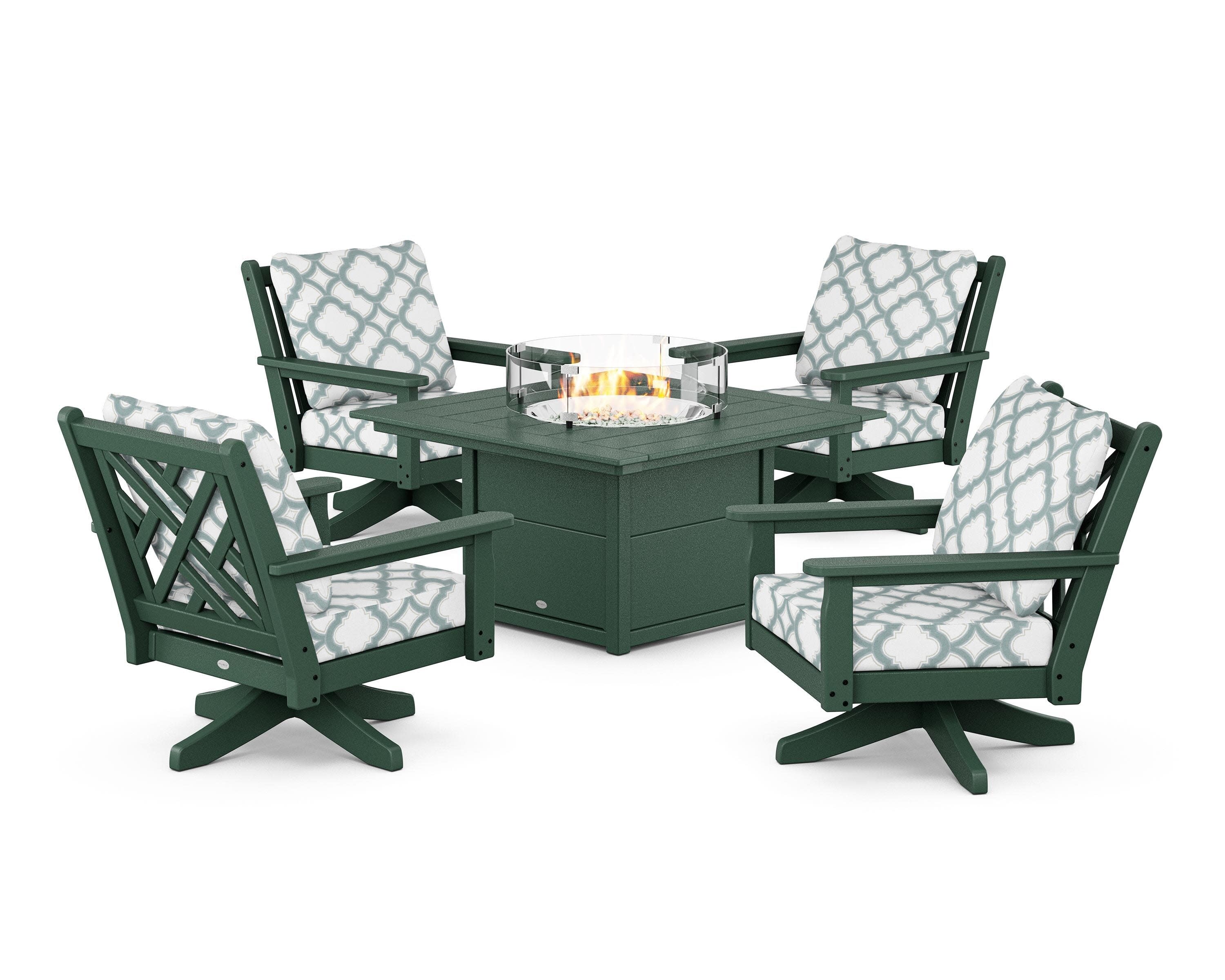 Chippendale 5-Piece Deep Seating Swivel Conversation Set with Fire Pit Table in Green / Trellis Glacier Spa