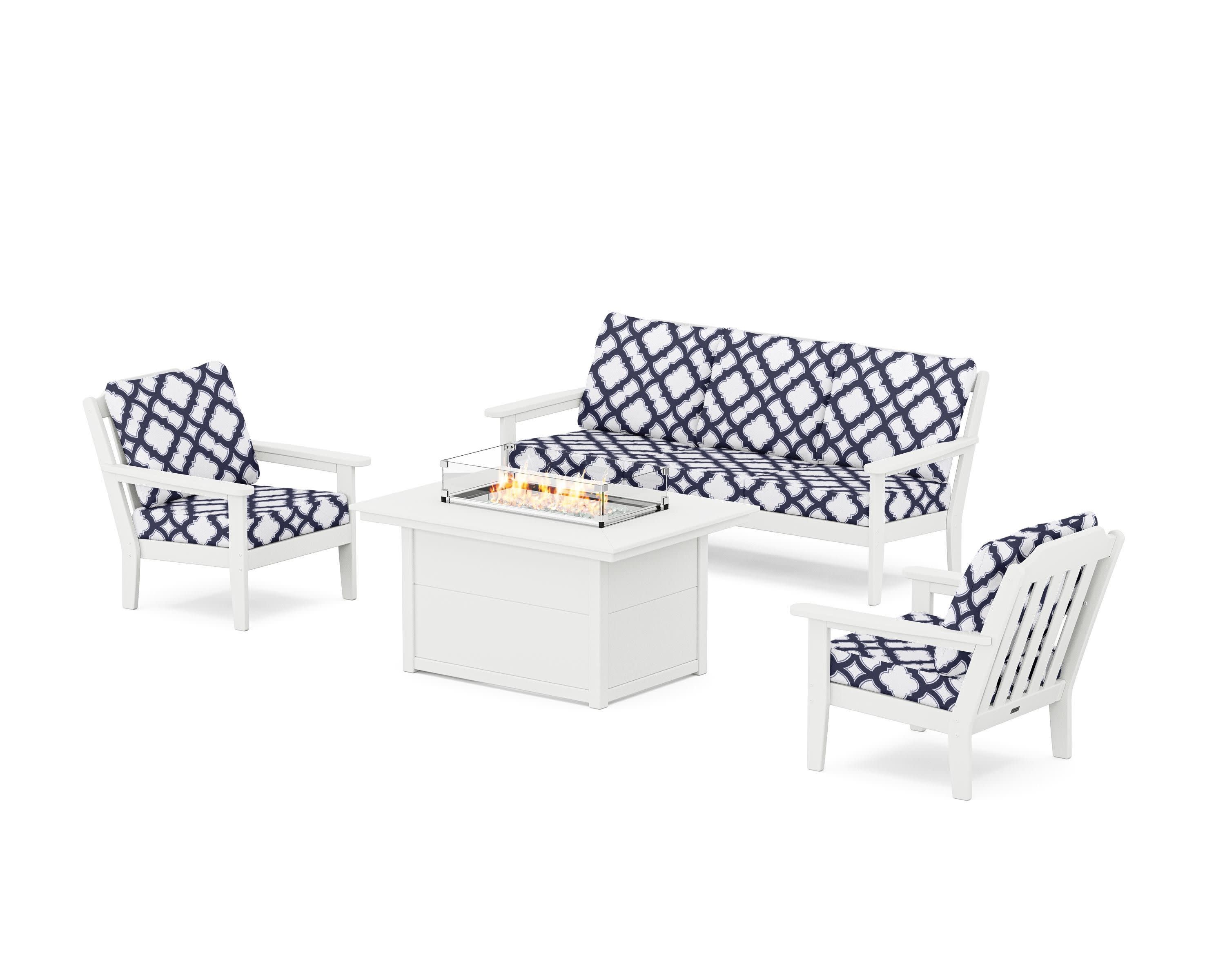 Cottage Deep Seating Fire Pit Table Set in White / Trellis Navy